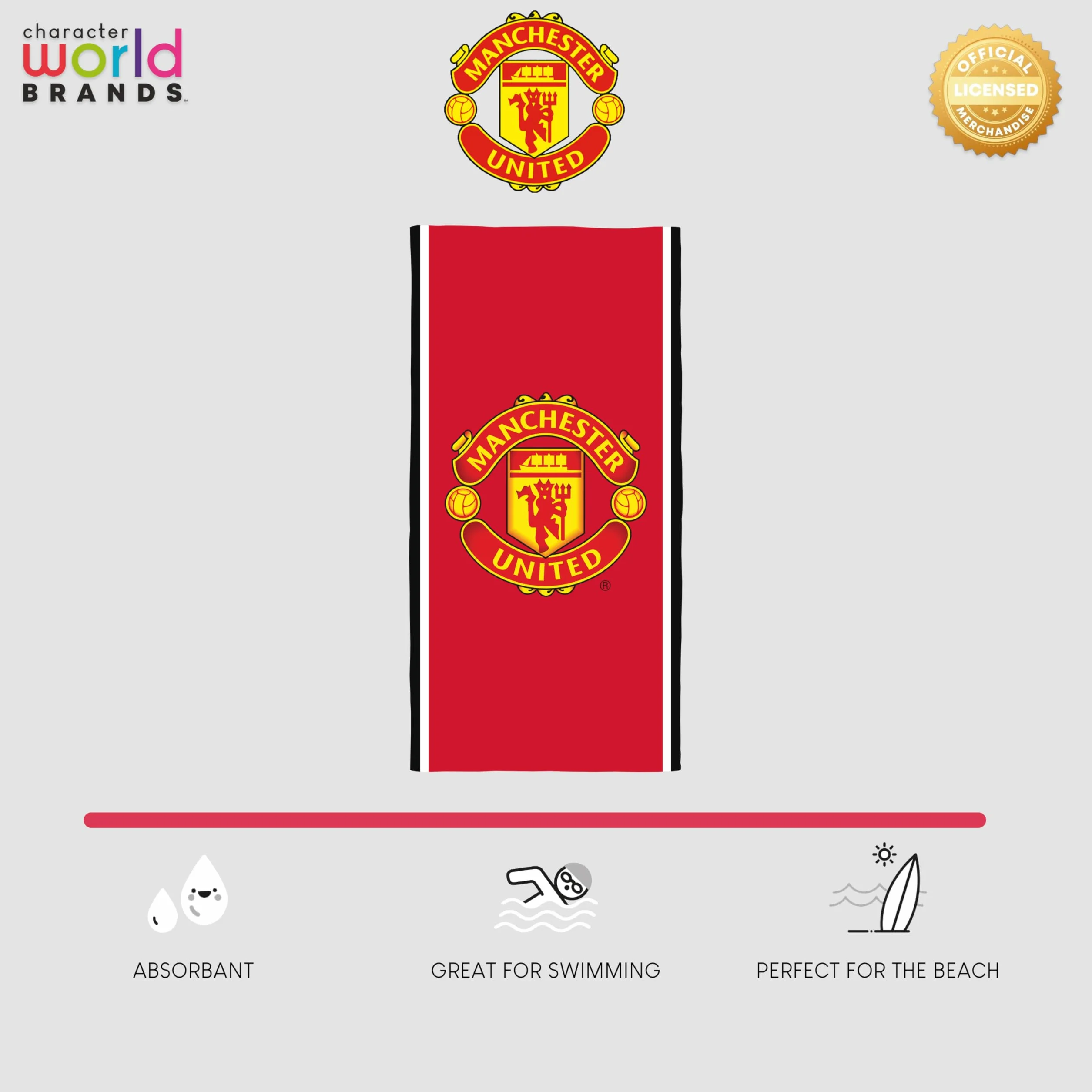 Manchester United Oficjalny ręcznik FC Character World, super miękki w dotyku, design klubu piłkarskiego | idealny do domu, wanny, plaży i basenu, jeden rozmiar 75 cm x 150 cm, 100% bawełna