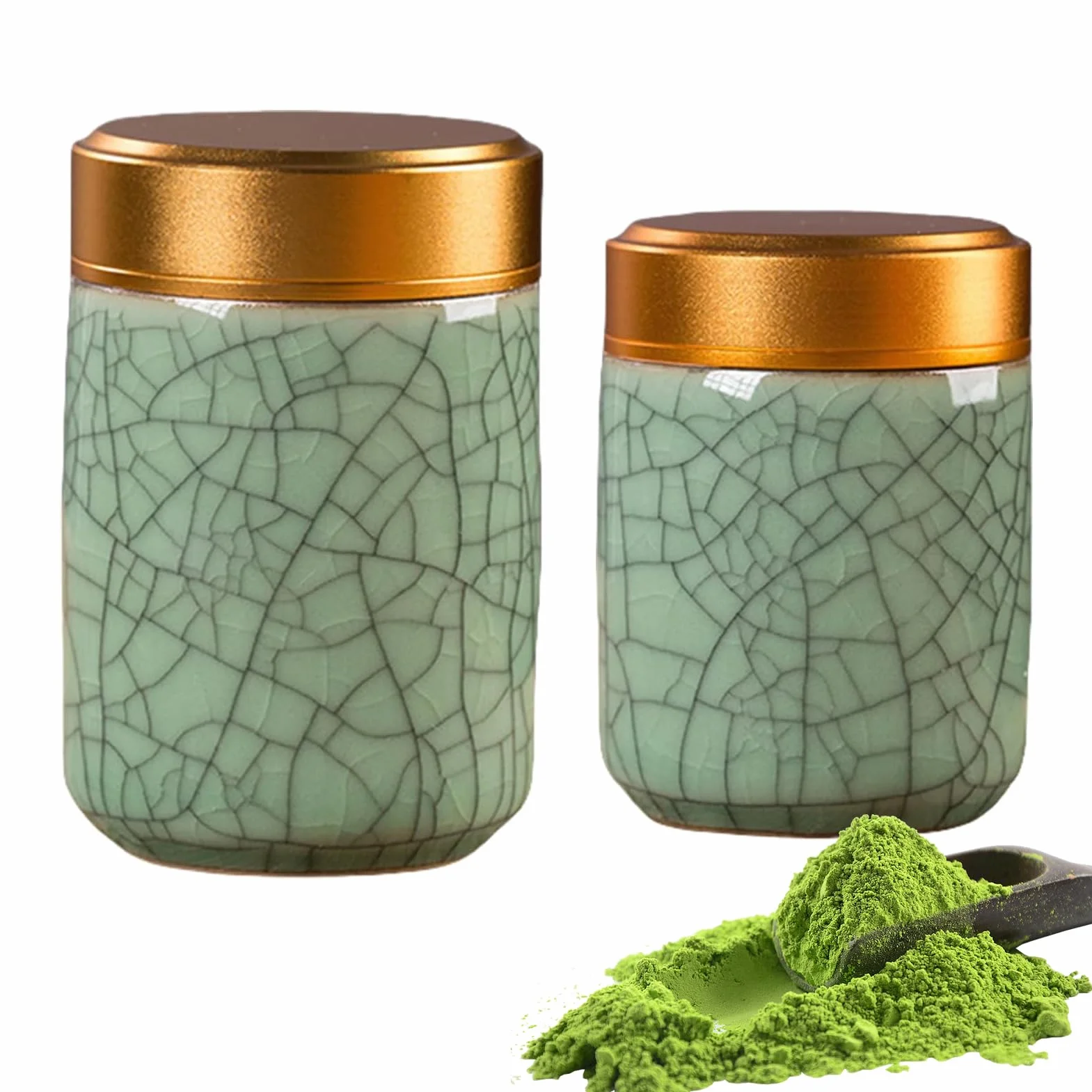2 małe ceramiczne pojemniki do matchy, zestaw matcha, ceramiczna puszka na herbatę, przenośne pojemniki do przechowywania, 70 ml + 100 ml matcha, puszki na herbatę sypką (zielone, B)