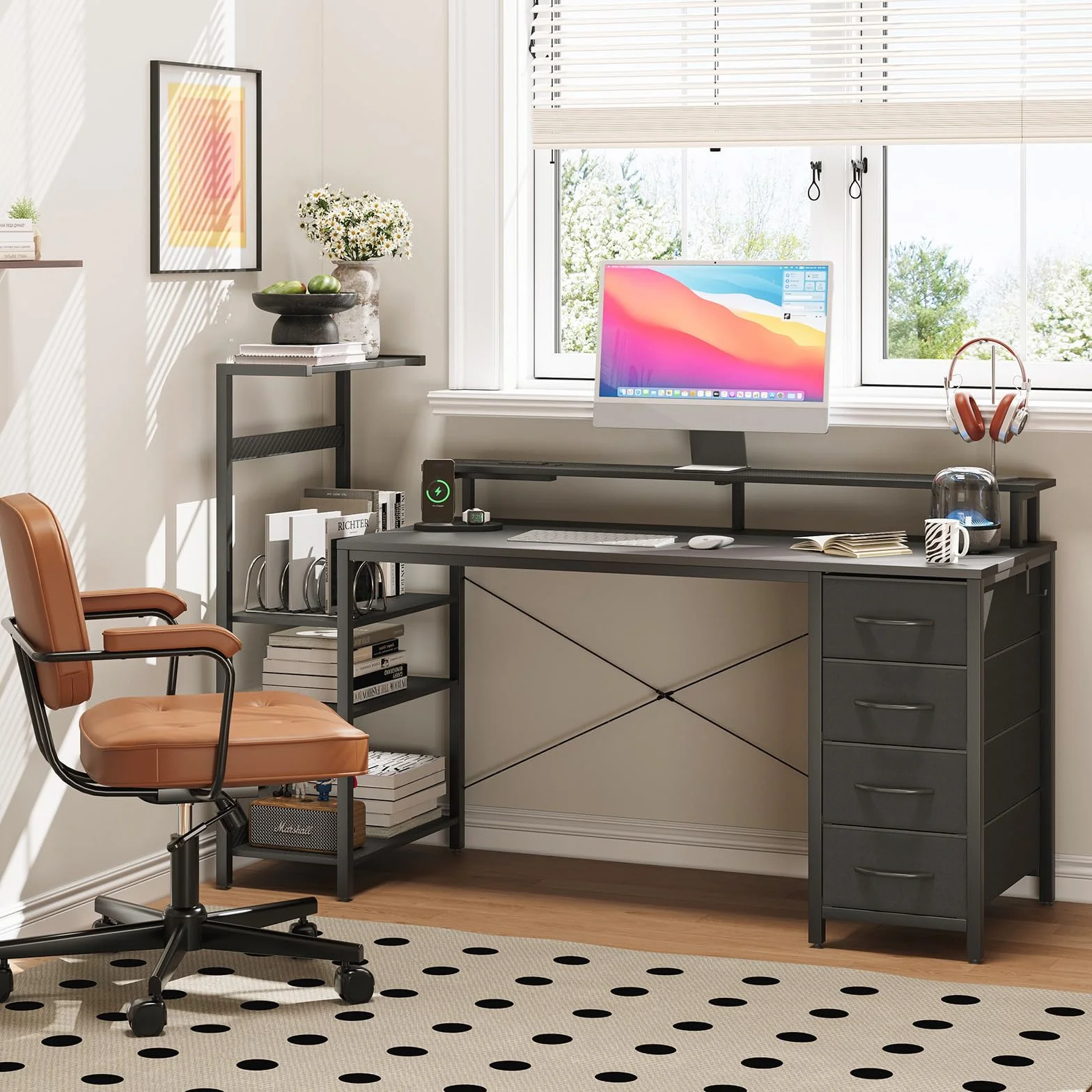 APICIZON Biurko gamingowe 150 cm z szafką na książki – odwracalne biurko komputerowe z oświetleniem LED RGB, 2 porty USB, uchwyt na głowę i uchwyt na kubek, wygląd karbonu, kolor czarny
