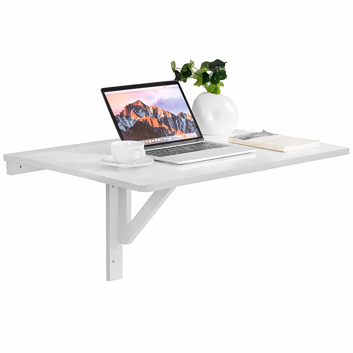 GOPLUS Stół ścienny, wiszący, składany, zajmuje mało miejsca, przenośny, regulowany stół ścienny z płyty MDF i sosny, 80 x 60 x 45 cm, stolik do laptopa do salonu, jadalni (biały)