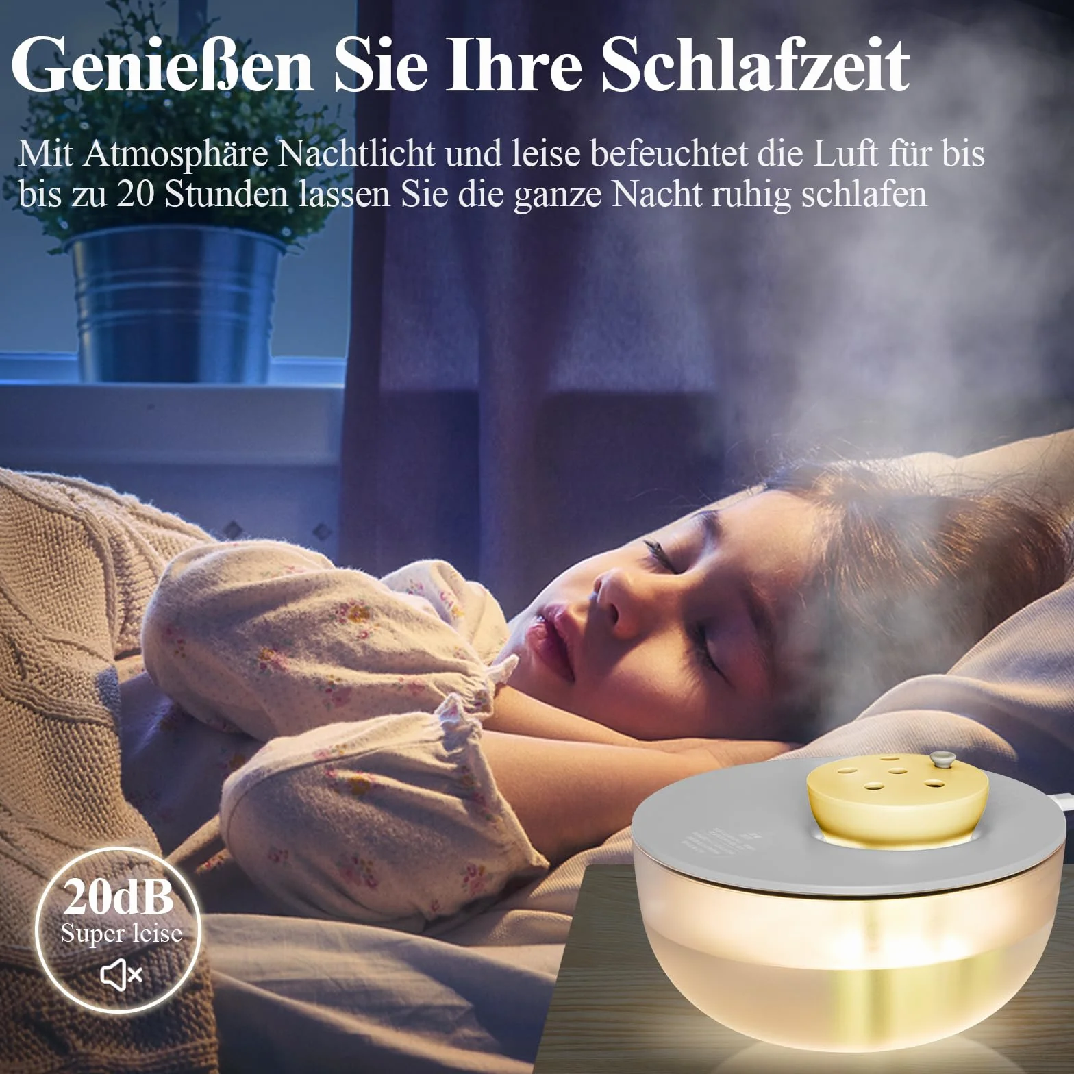 Mini nawilżacz powietrza z oświetleniem, 20 dB, cichy, 6-biegowy, regulowany humidifier, pojemność mgły 300 ml/h, z elementem filtrującym (szary)