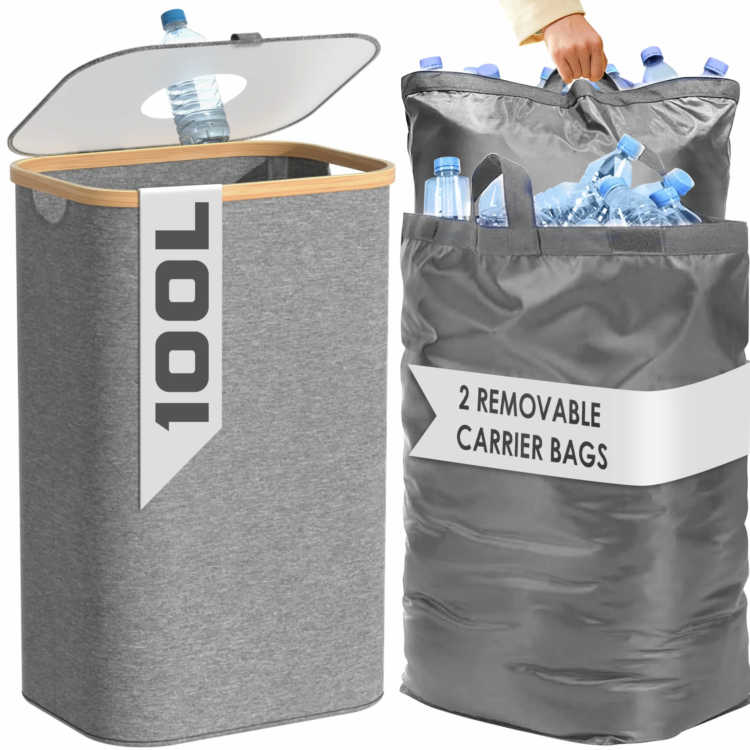 Returnable Bottle Container 100L Grå – Bottle Collector with 2 Transport Bags – Deposit Bottle Container Drop Hole – Bamboo Foldable