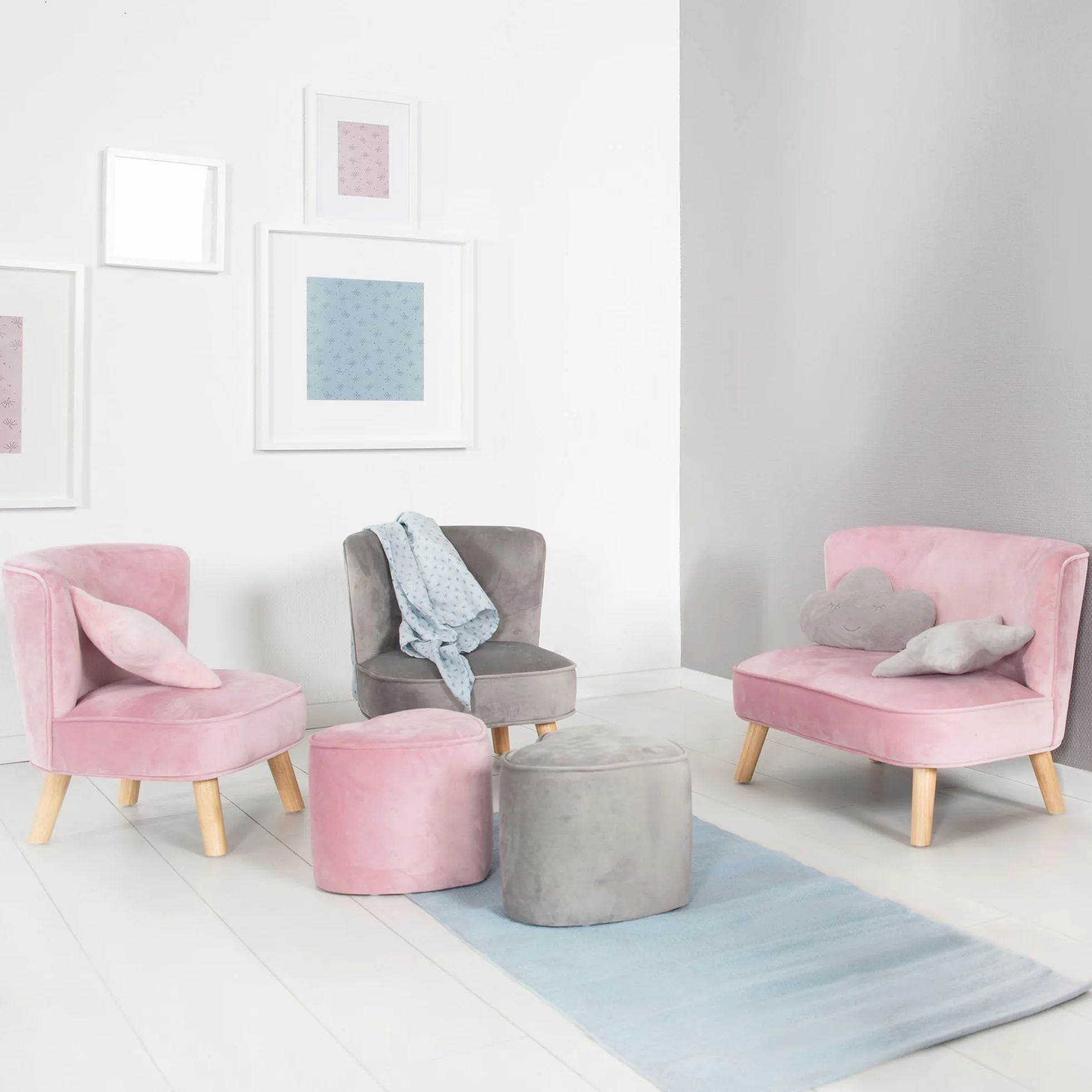 roba Fotel dziecięcy Lil Sofa - Wygodny fotel dla dziewcząt i chłopców - Stabilne drewniane nogi - Do pokoju niemowlęcego i dziecięcego - Materiał z weluru - Szary