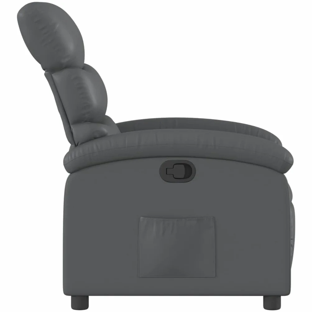 Fotel relaksacyjny, szary, sztuczna skóra z ręczną funkcją leżenia, stabilna rama metalowa, szerokie podłokietniki, kieszeń boczna i ergonomiczny komfort do salonu, biura i kącika do czytania