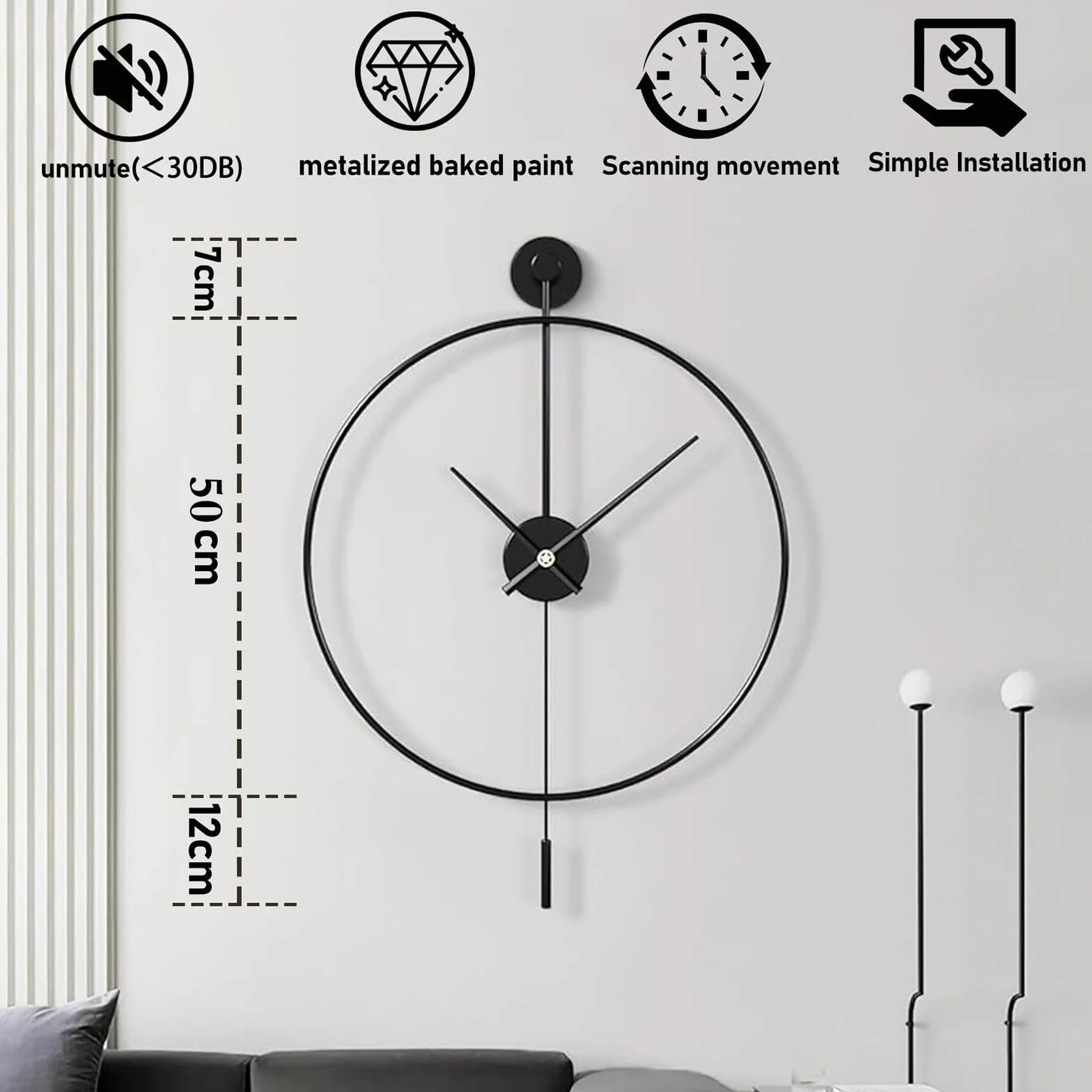 Zegar ścienny 50 cm, nowoczesny, minimalistyczny design, kwarcowy cichy zegar ścienny do salonu, kuchni, biura, sypialni