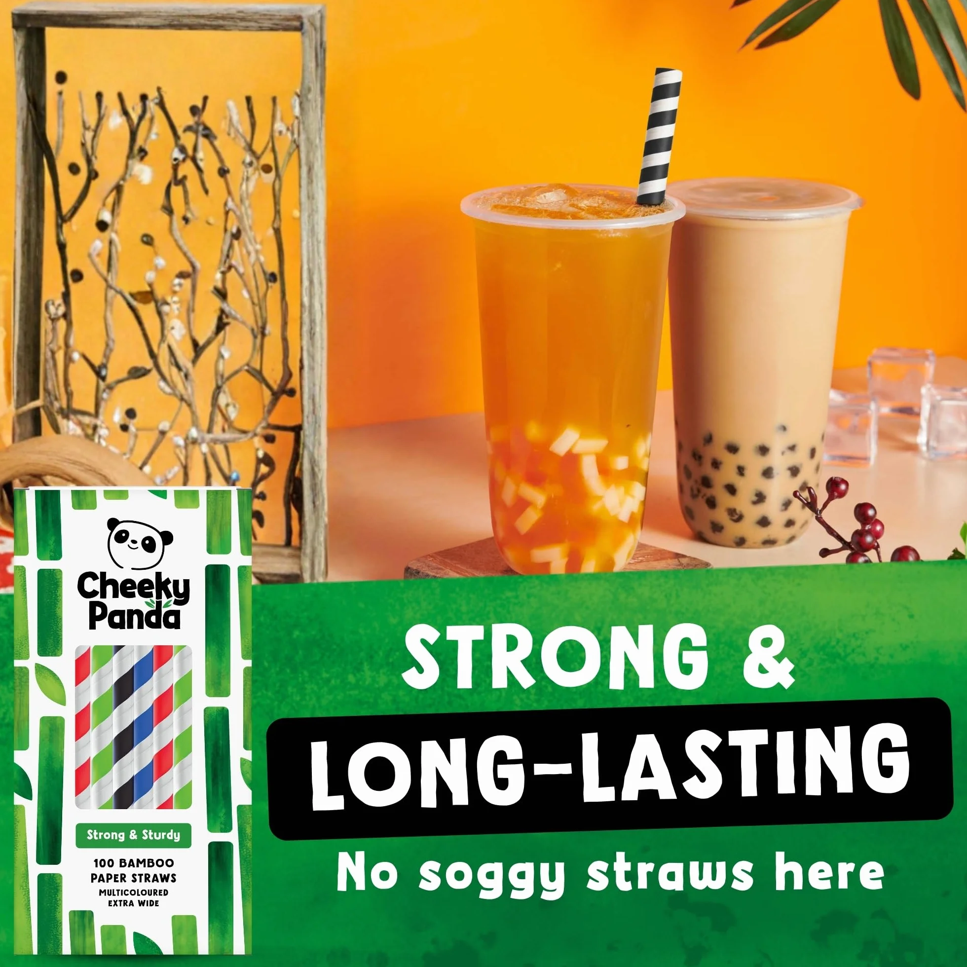 The Cheeky Panda Bambusowe papierowe słomki do herbaty bąbelkowej, 100 wielokolorowych, szerokich słomek do picia, do herbaty Boba, koktajli mlecznych i smoothie