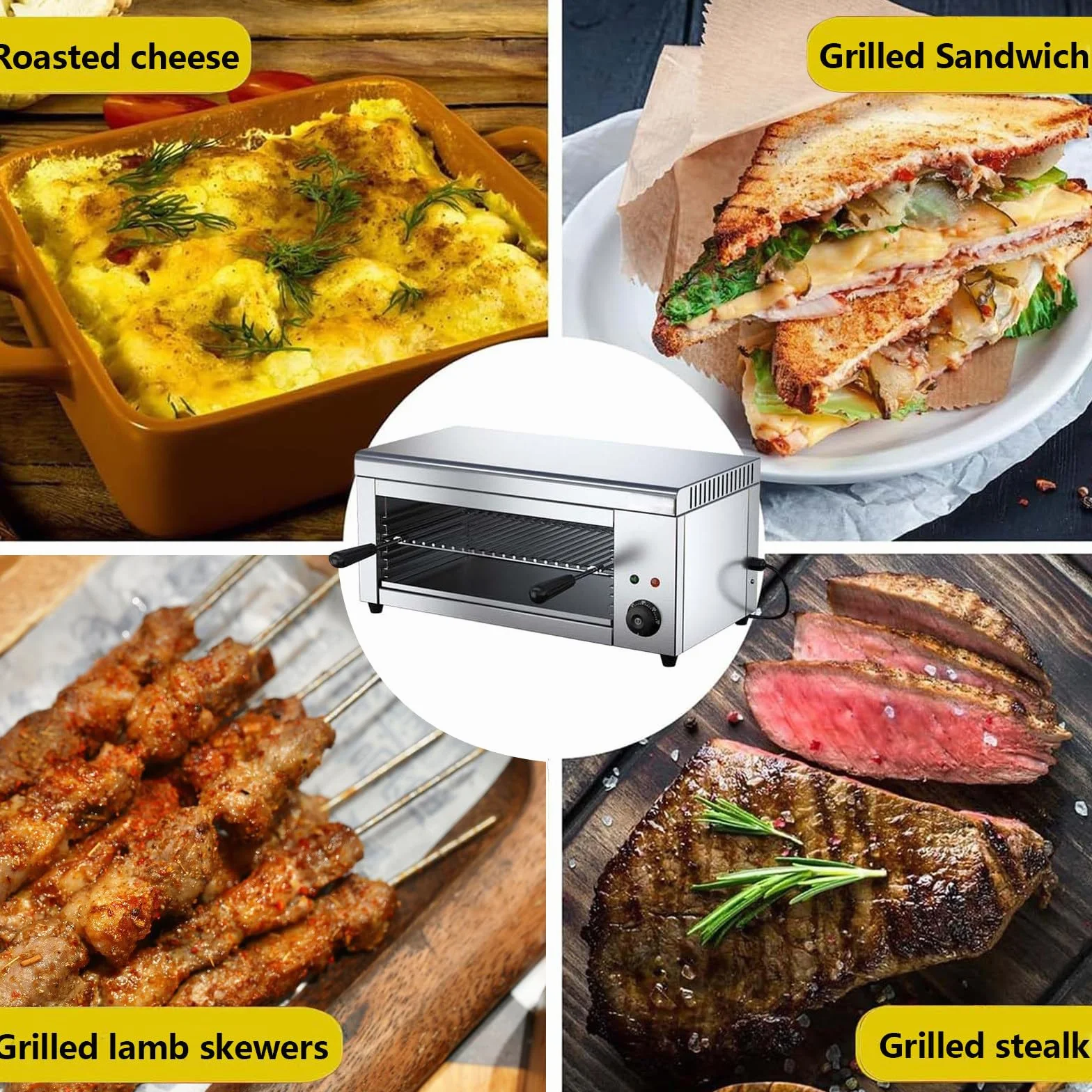 Piekarnik blatowy, 2000 W, stekowniak ze stali nierdzewnej, timer, 50–300°C, komercyjny grill do wołowiny i kurczaka,do użytku domowego i komercyjnego