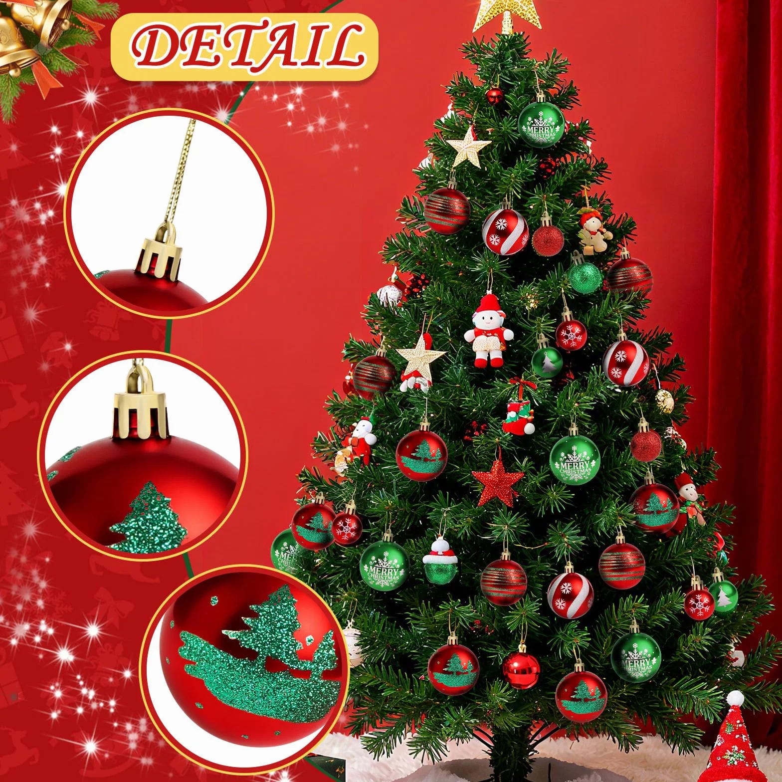 Bombki na choinkę, mini bombki bożonarodzeniowe, czerwono-zielone, 3 cm i 6 cm, bombki choinkowe z zawieszką, małe bombki bożonarodzeniowe do dekoracji bożonarodzeniowych, ozdoby choinkowe, do użytku