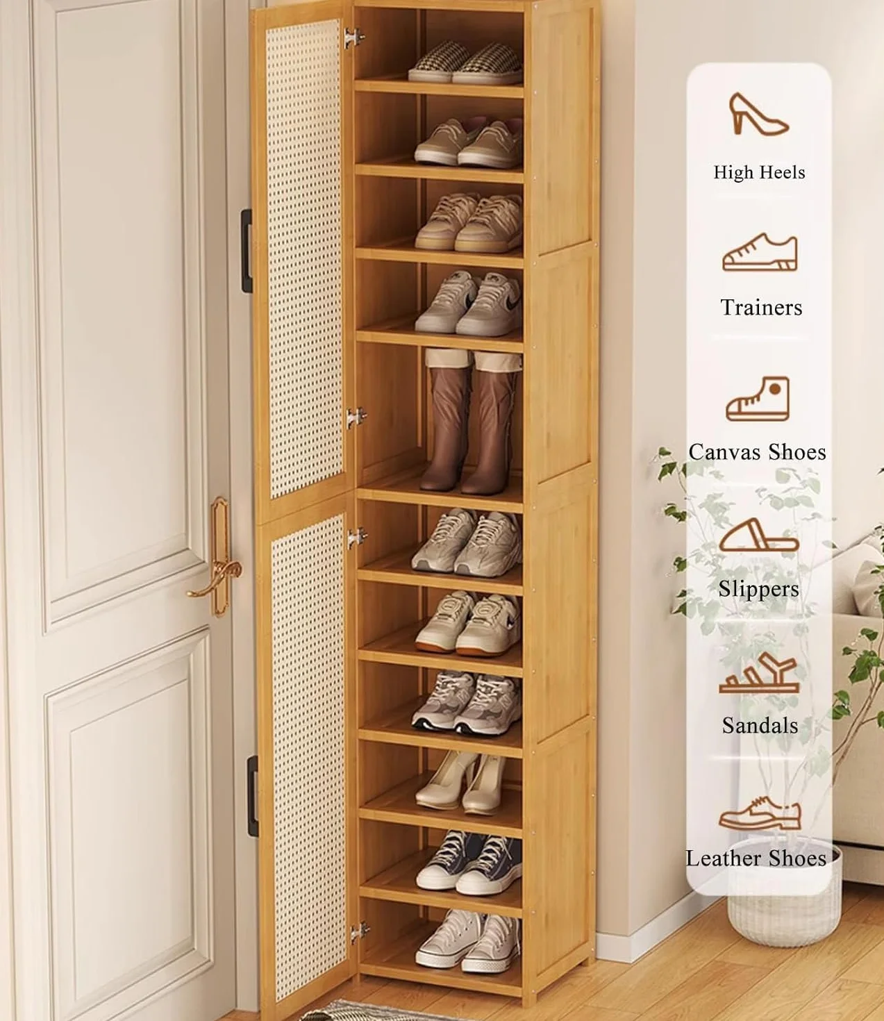 Bambusowy stojak na buty z drzwiami, wolnostojący organizer do przedpokoju, wąska szafka do przechowywania, przyjazna dla środowiska, łatwy montaż, głębokość 33 cm