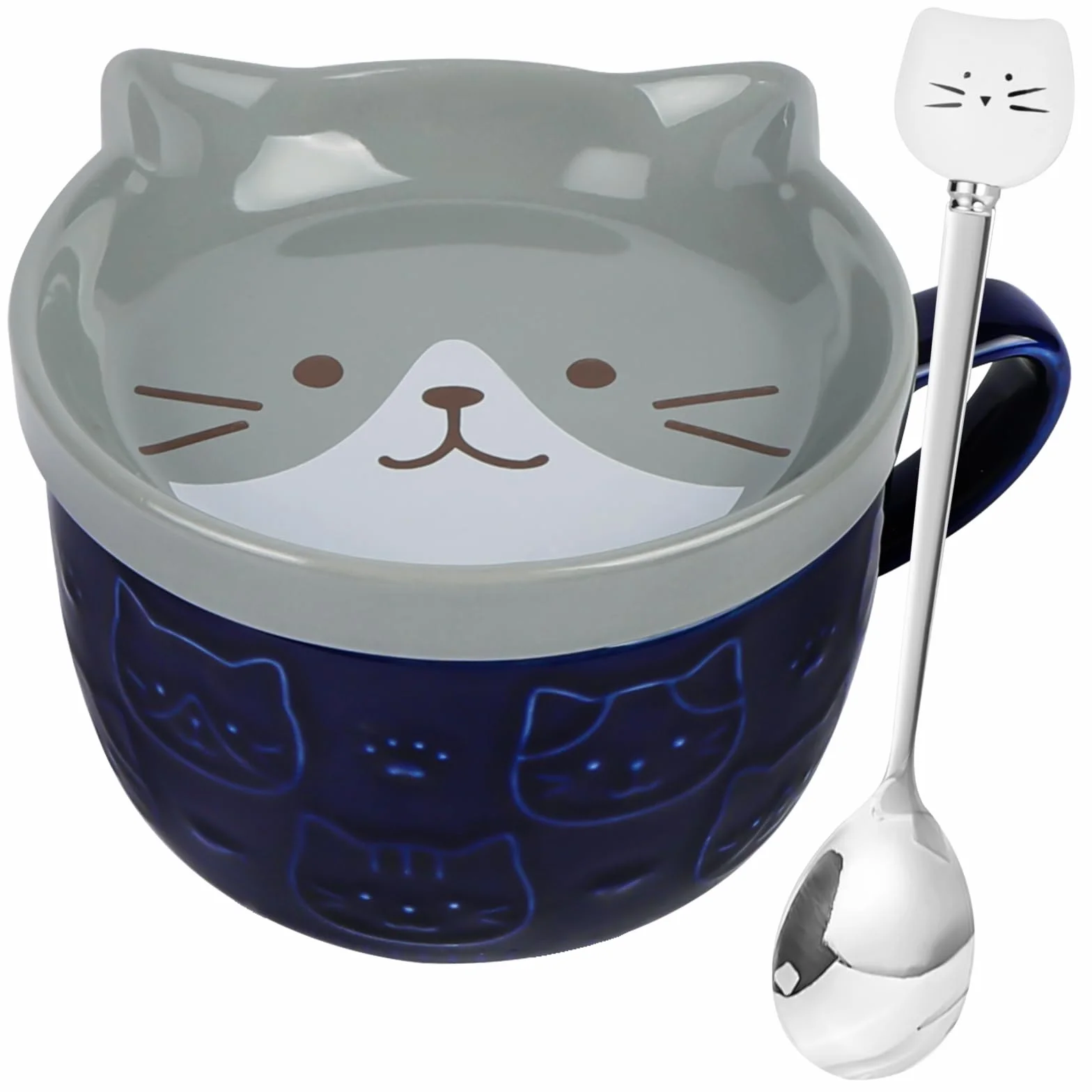 HOTUT Uroczy ceramiczny kubek dla kota, 300 ml z pokrywką, zestaw filiżanek do kawy, śniadaniowy, prezenty świąteczne dla córki, syna, przyjaciół, rodziny - niebieski