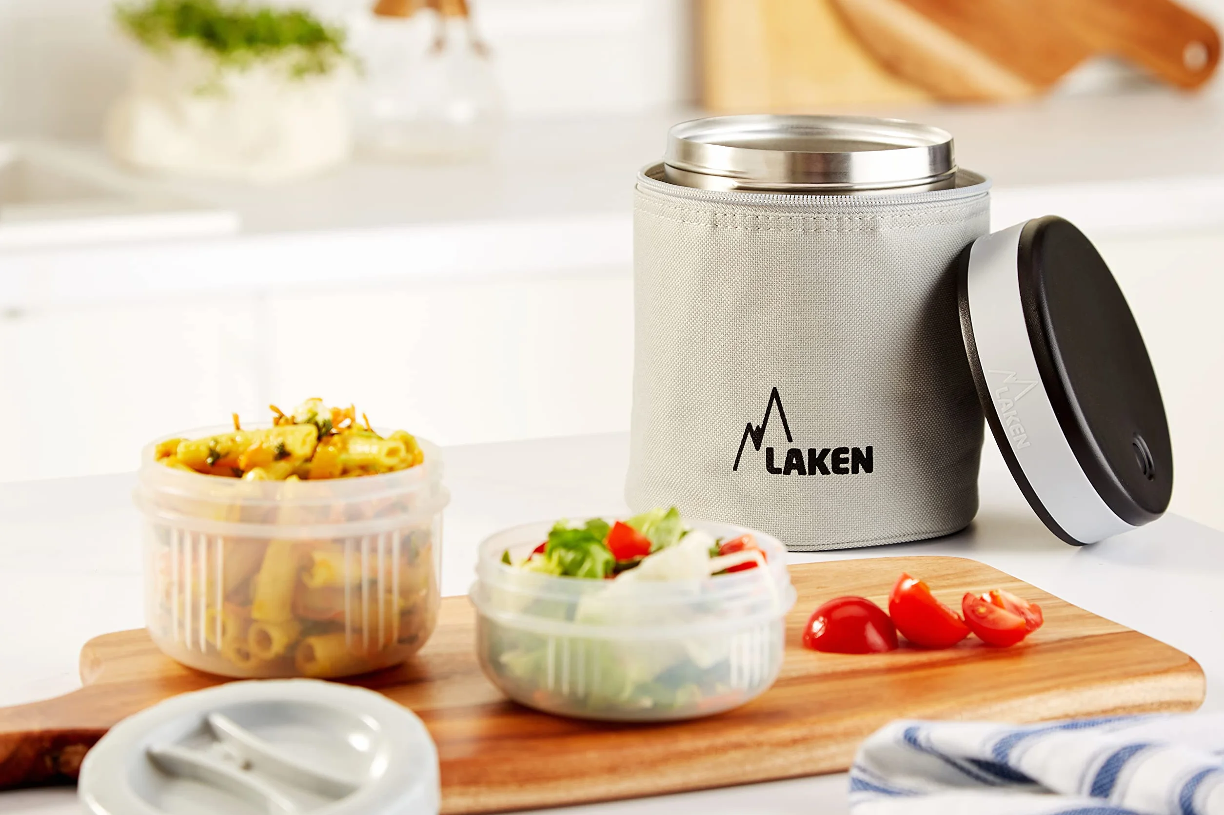 Laken Thermos dla 1L żywności ze stali nierdzewnej i szarej skrzynki tekstylnej zawiera 2 pojemniki wewnętrzne