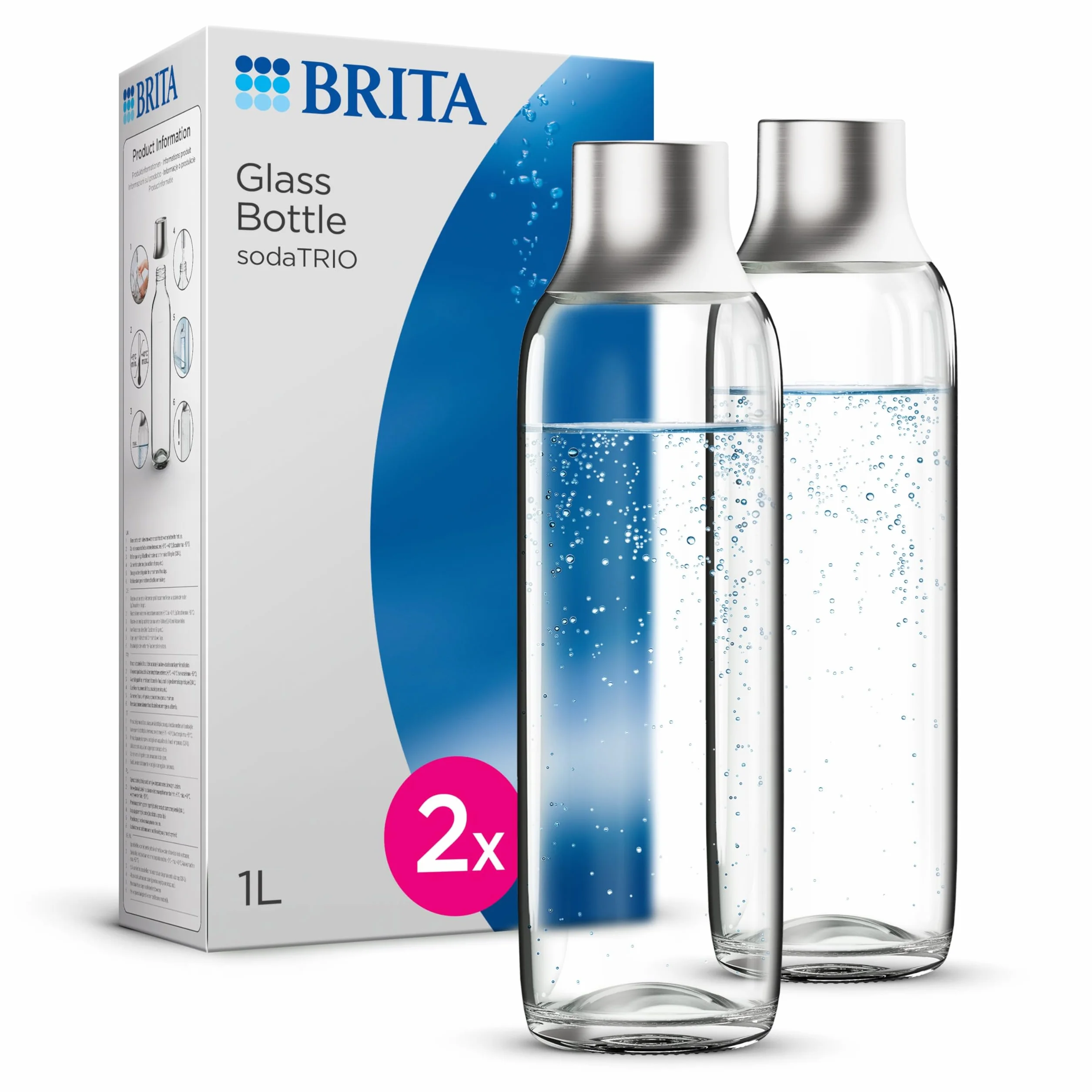 BRITA Szklana butelka do wody gazowanej SodaTrio (1l), opakowanie 2 butelek zamiennych - lekkie, eleganckie szklane butelki na wodę w opakowaniu duo/butelki wody gazowanej z polerowaną korkiem ze stali nierdzewnej