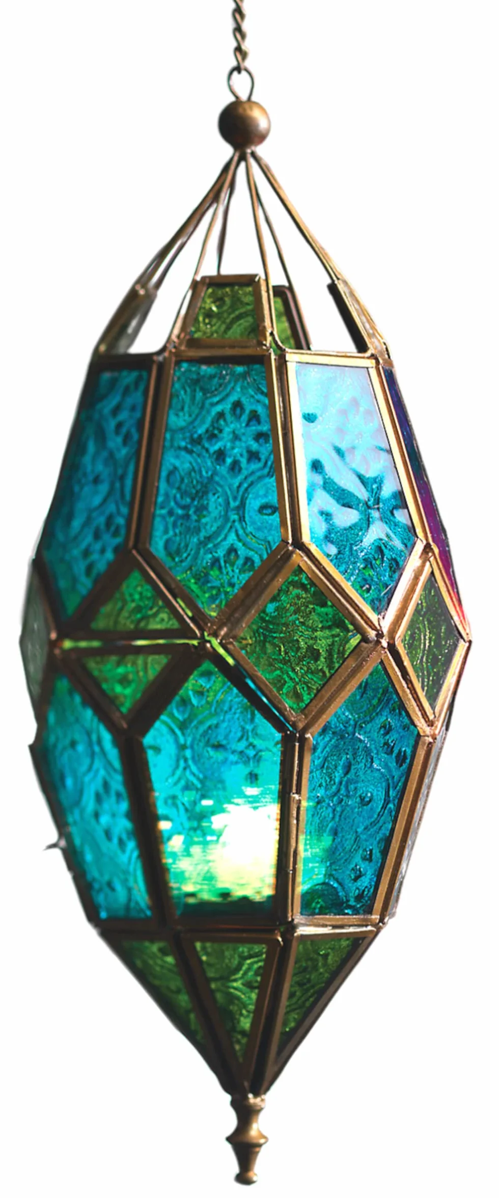 Wisząca szklana latarnia tealight w stylu marokańskim (duża zielona/niebieska)