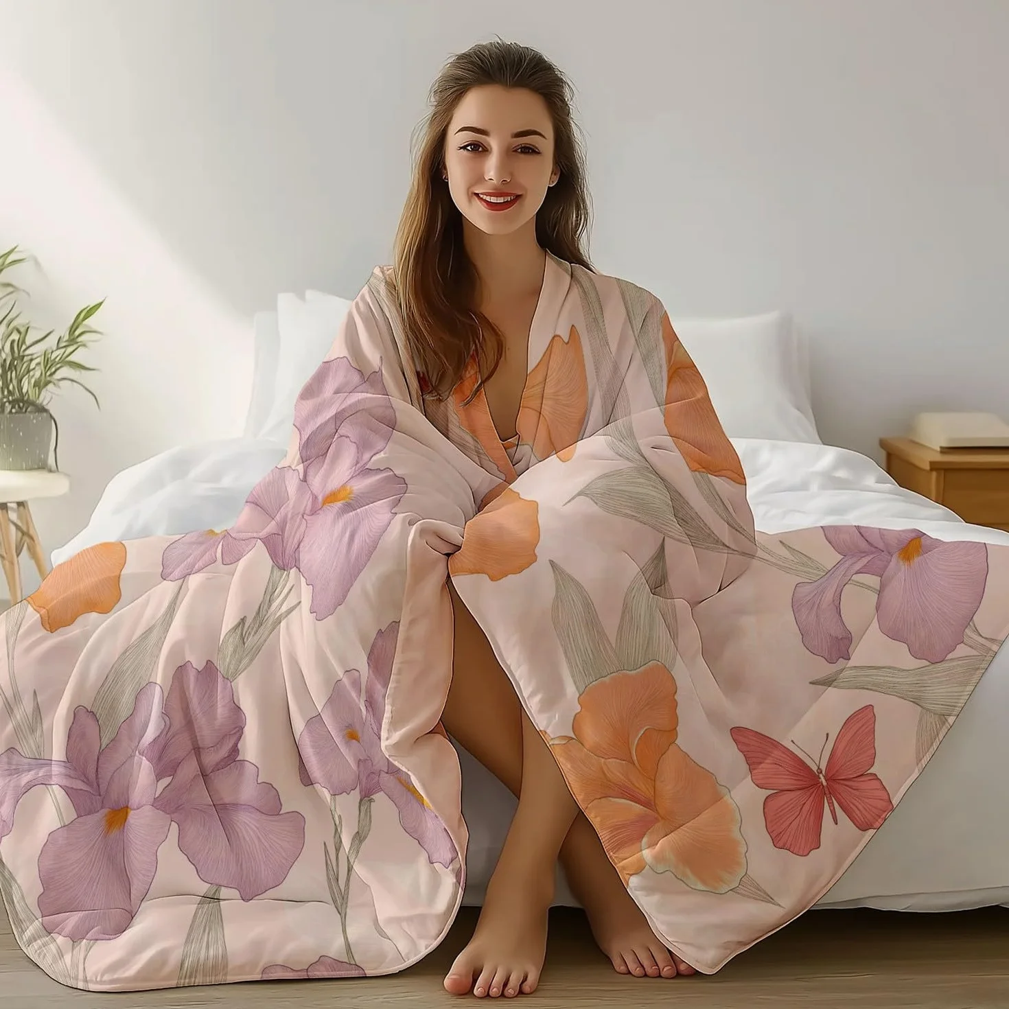 Zestaw poszewek na kołdrę różowa iris motyl pościel 230 x 220 cm zestaw pościeli z nadrukiem z parą poszewek na poduszki, miękka poszewka na kołdrę z mikrofibry z zamkiem błyskawicznym z zamkiem