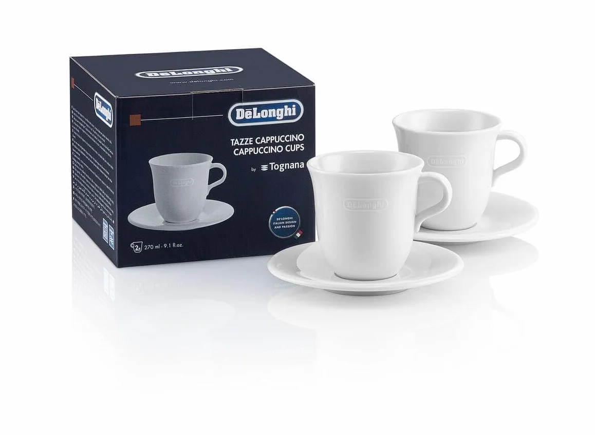 De'Longhi DLSC309 zestaw 2 ręcznie wykonanych kubków ceramicznych ze spodkami, nadaje się do kuchenki mikrofalowej i mycia w zmywarce, 270 ml, kolor biały