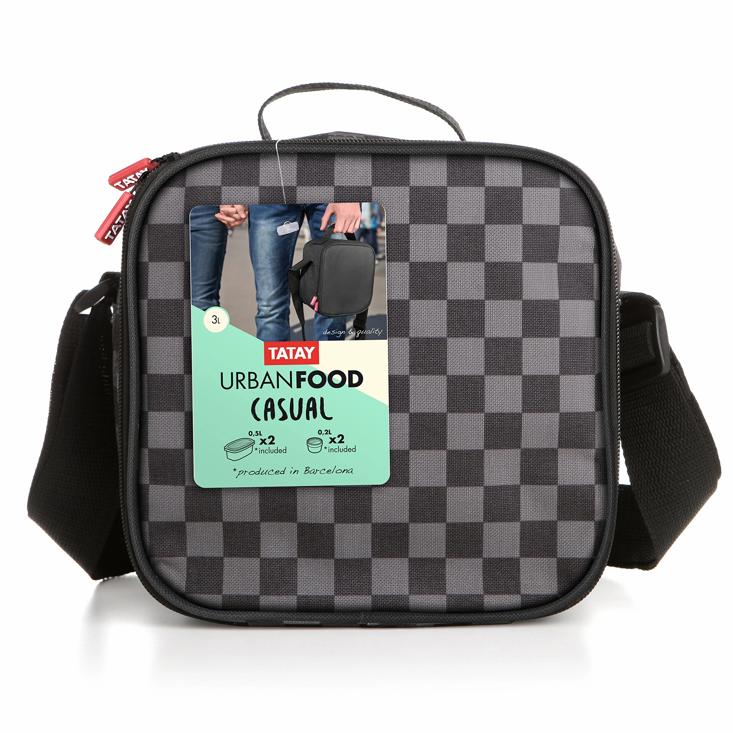 TATAY Torba Termiczna Na Lunch – Urban Food Casual 3 L | 4 Pojemniki: 2×0,5 L + 2×0,2 L | Wodoszczelna | Potrójna Izolacja | Półsztywna Konstrukcja | Kieszeń Wewnętrzna | 22,5×10×22 cm, Kratka