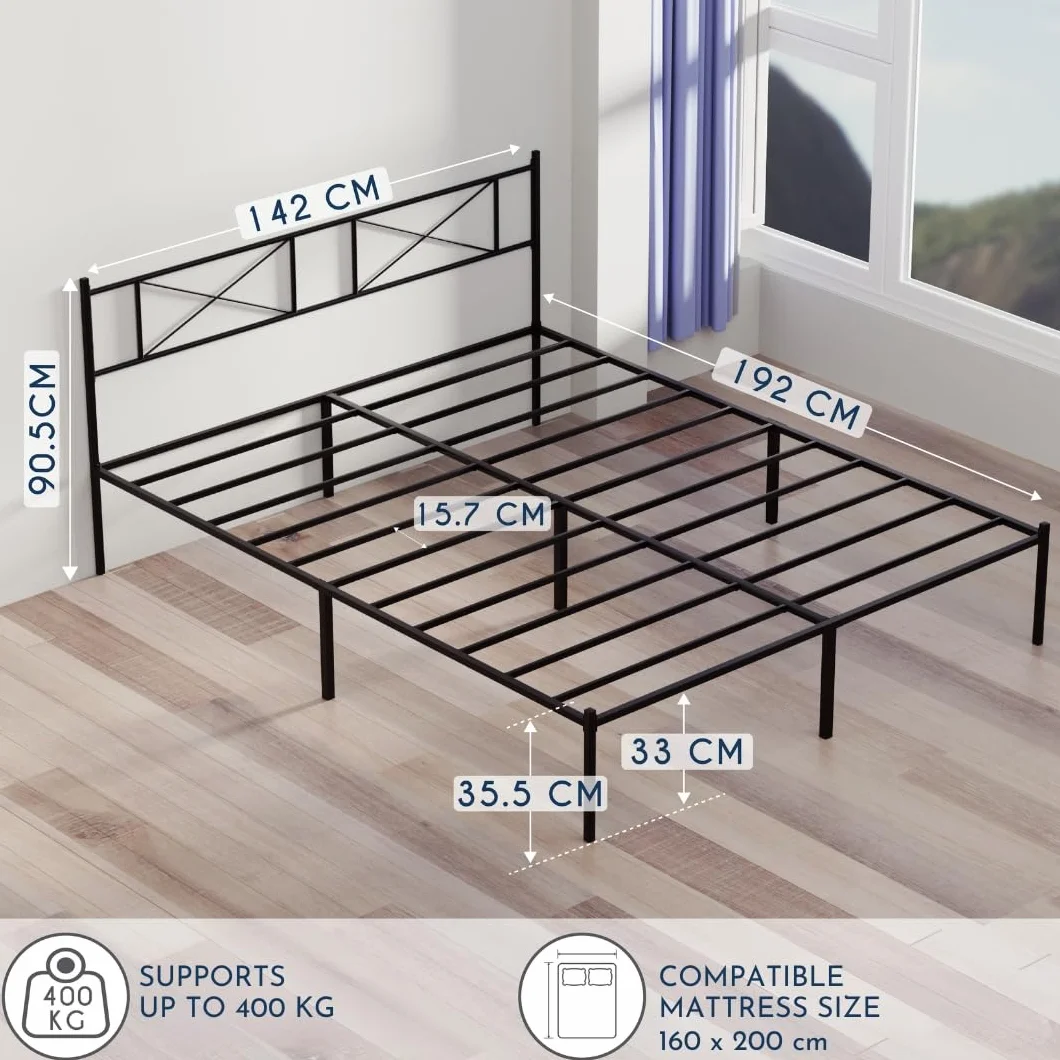 Rama łóżka Dreamzie 160x200 - Łóżko metalowe z zagłówkiem - Wysokość 35 cm - Łatwy montaż i przestrzeń do przechowywania