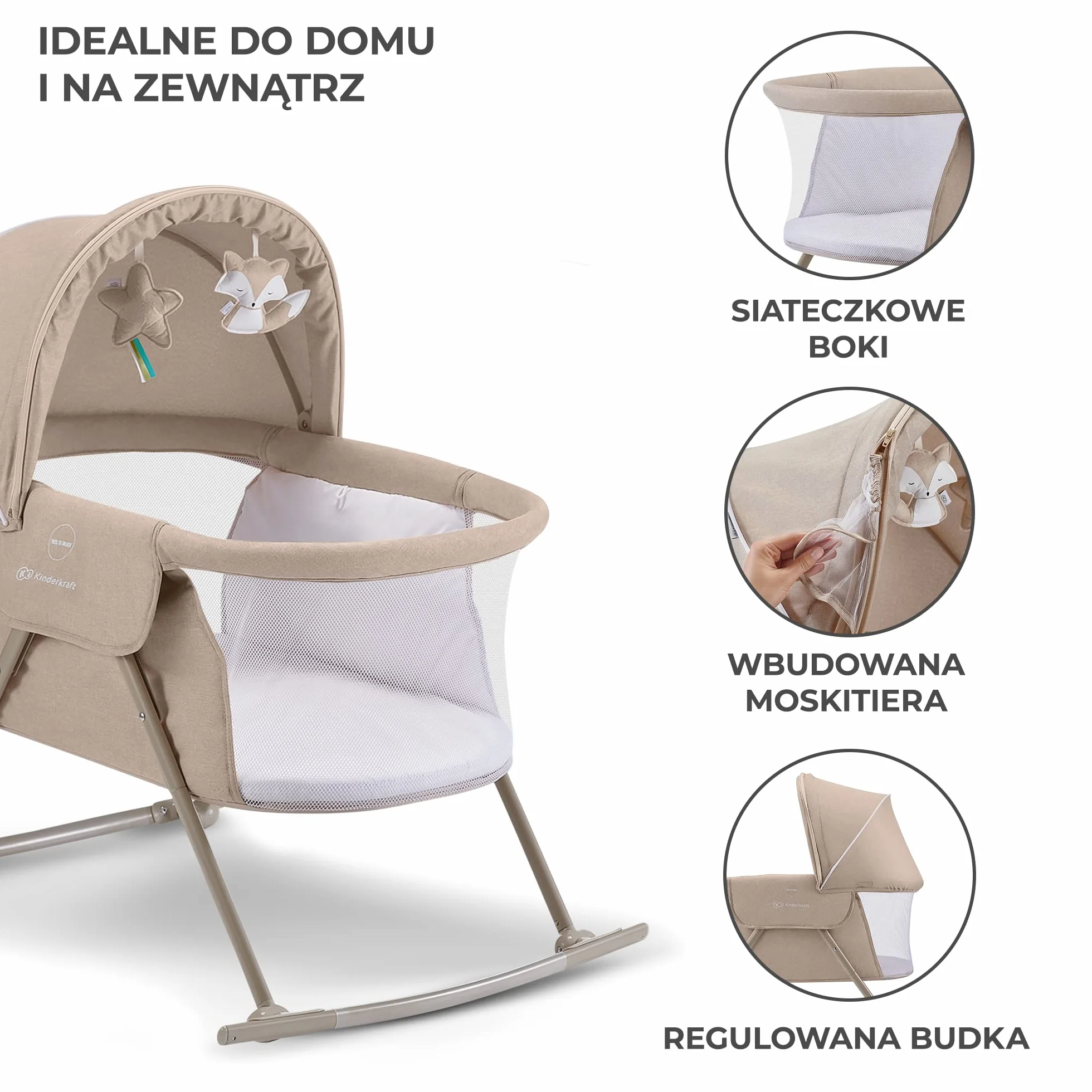 Kinderkraft Łóżeczko dziecięce 3w1 LOVI, Łóżko turystyczne, Kołyska, Proste składanie, Pałąc z zestawem zabawek i moskitera w zestawie, Regulowana budka, Torba ułatwiająca transport, Beżowy