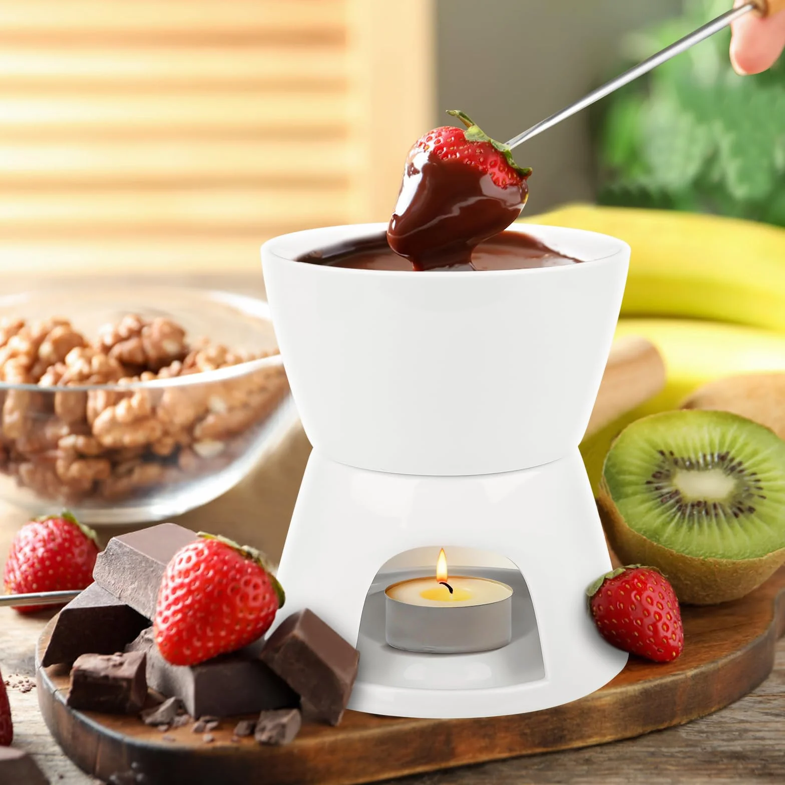 Zestaw do fondue czekoladowego, ceramiczny, mini fondue czekoladowe, fondue, fondue, zestaw garnków, świec, widelec, ceramika, czekoladowe fondue, biały garnek do fondue z porcelany z 4 widelcami, do
