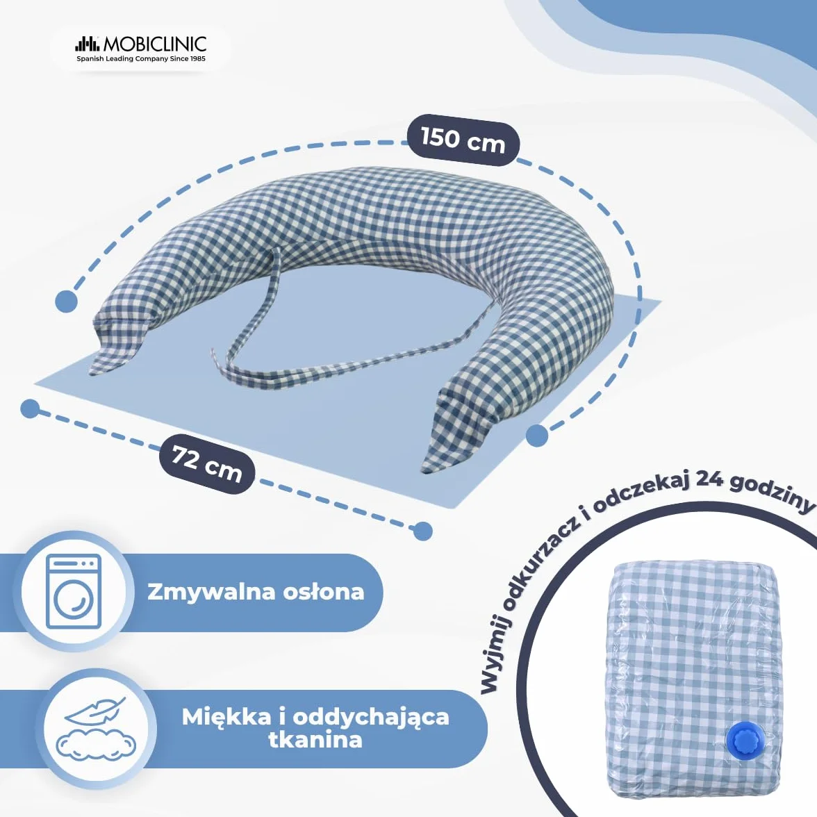 Mobiclinic®, Poduszka do Karmienia Piersią XXL, 3 w 1, Poszewka 100% Bawełny, 150 Cm, Regulowane Paski, Wielofunkcyjna, Aura, Zdejmowana i Nadająca się do Prania, Wielopozycyjna, Nadruk Vichy