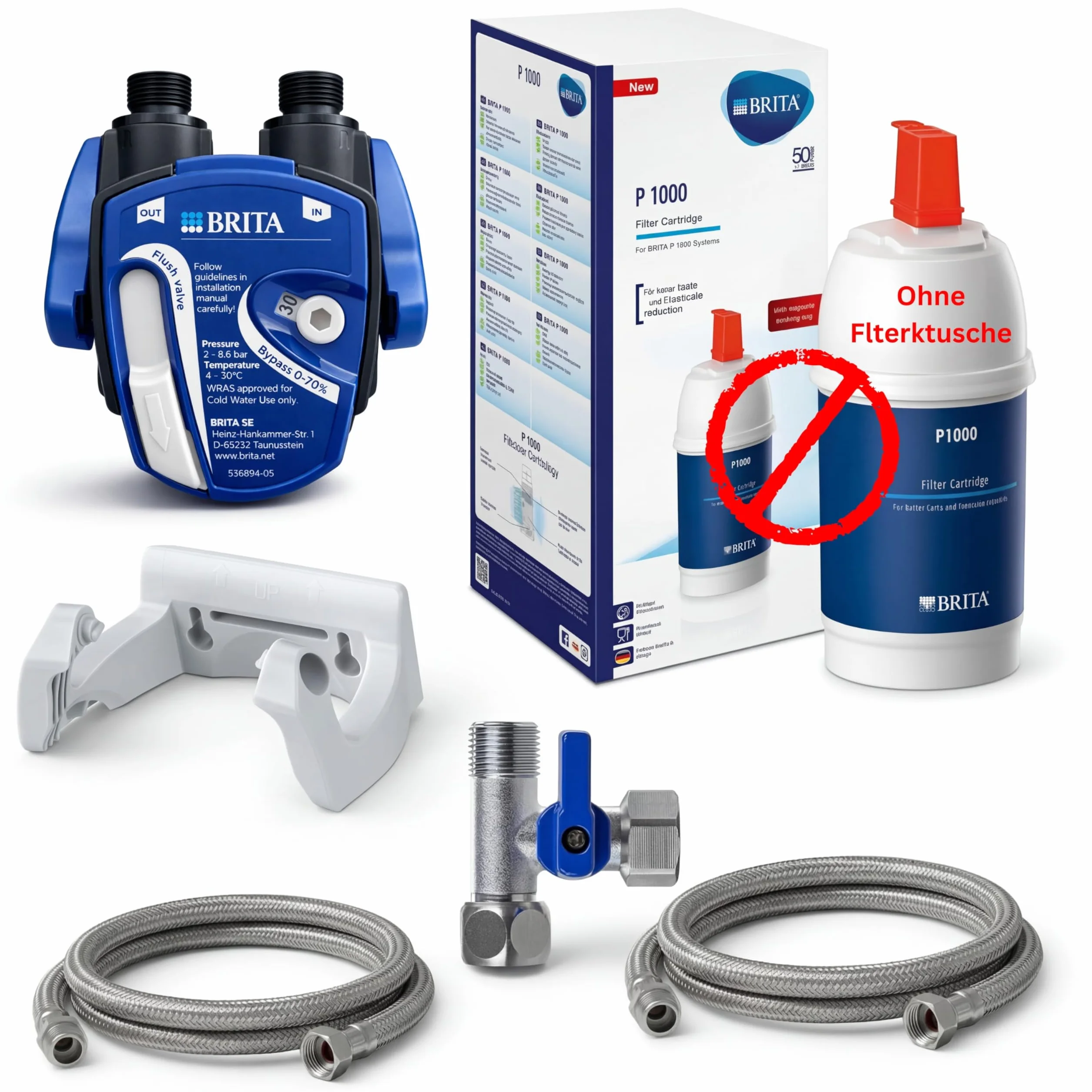 Filtr wody pod stołem: BRITA głowica filtra do filtra BRITA P1000 / P3000 / C300 / C500 w zestawie 2 x wąż elastyczny, adapter zaworu narożnego | brak wkładu filtrującego w zestawie