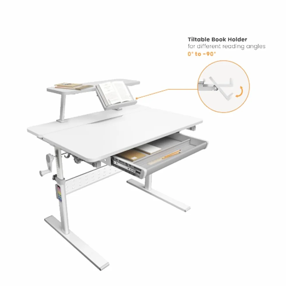 Ergonomiczne biurko ER-483 kids' height and angle adjustable to 40°, extra shelf with book holder, school table for kids up to 40 kg, drawer hook