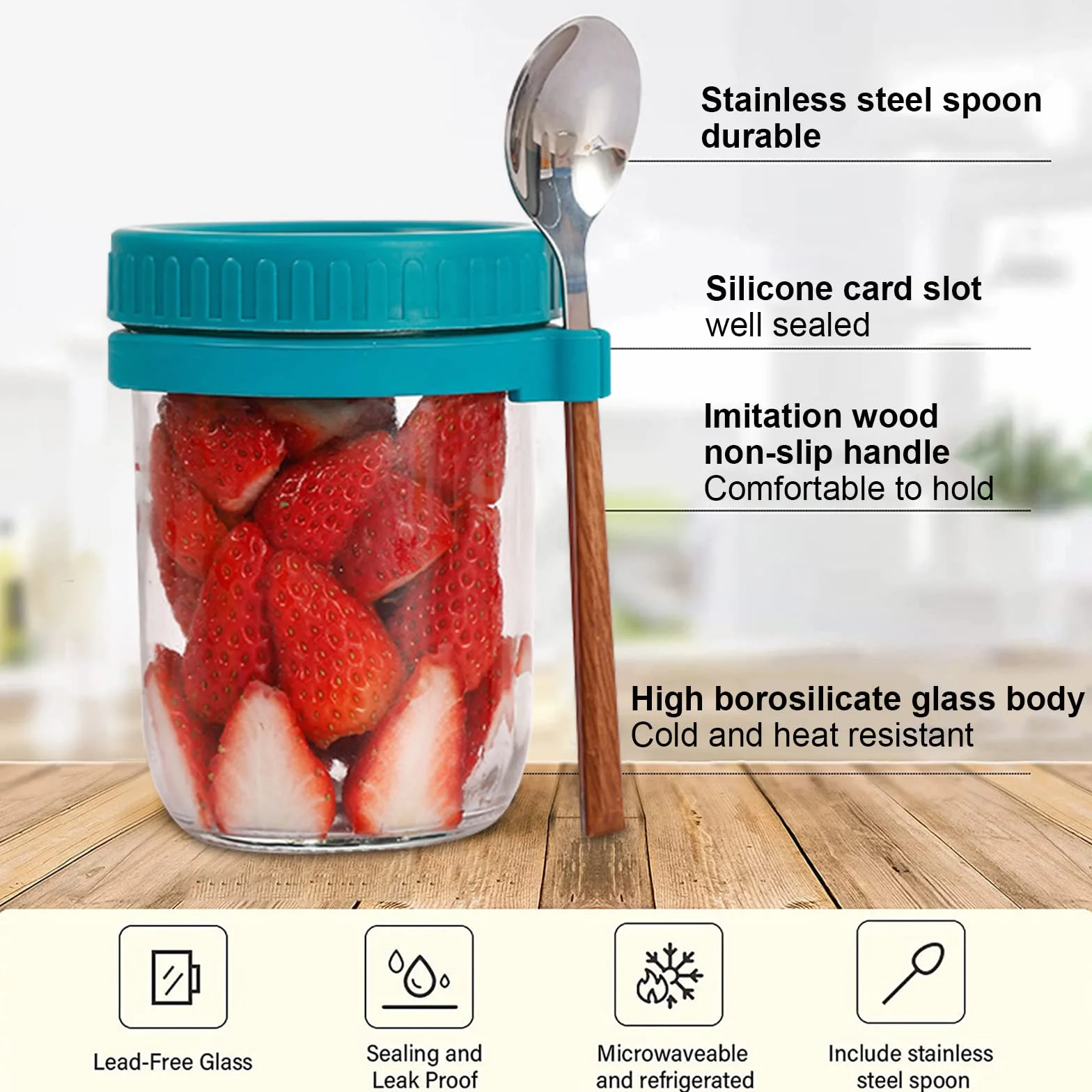 ZJT Overnight Oats słoiki z pokrywką i łyżeczką, 4 sztuki słoików owsianych, szklane słoiki na przetwory na nocleg, na musli, owoce, warzywa, mleko, sałatkę, jogurt, posiłki (600 ml)