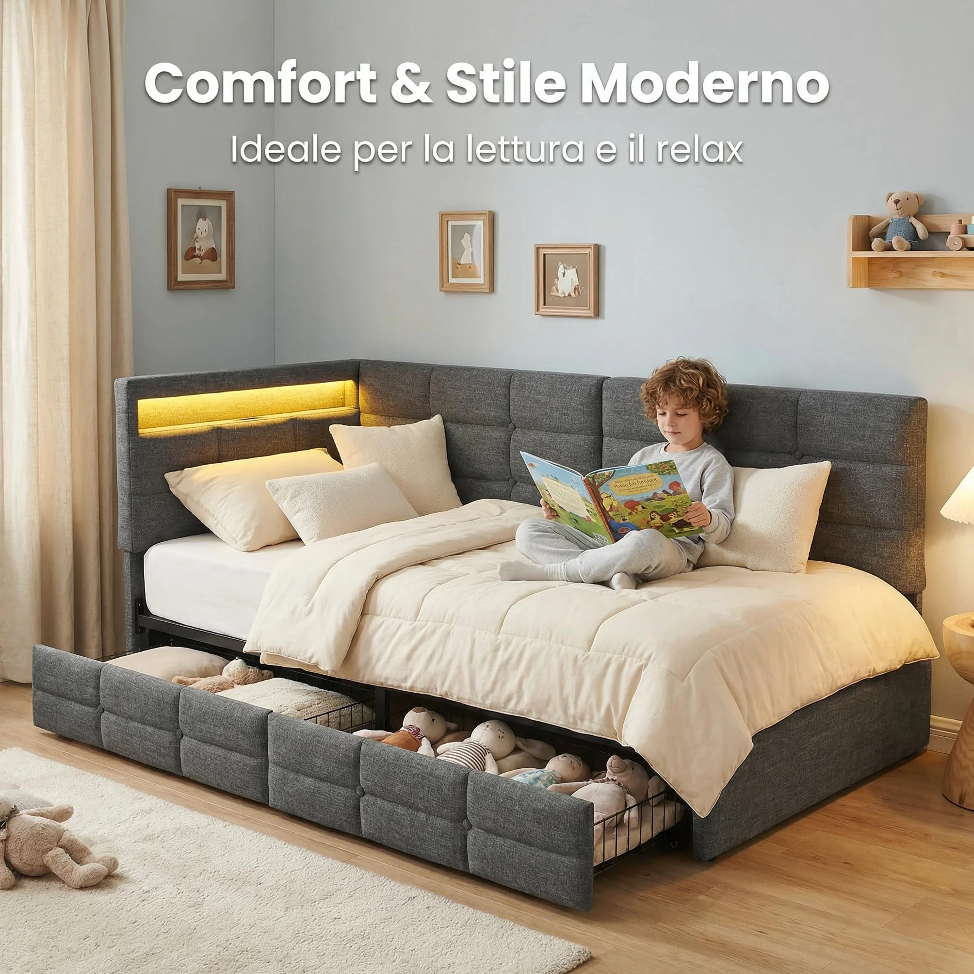 Łóżko dziecięce 90 x 200 cm z diodami LED i portem USB, 1-osobowa sofa 90 x 200 cm z 2 szufladami i stelażem, wyściełany zagłówek w kształcie litery L, dla nastolatków i dorosłych, lniane, szare