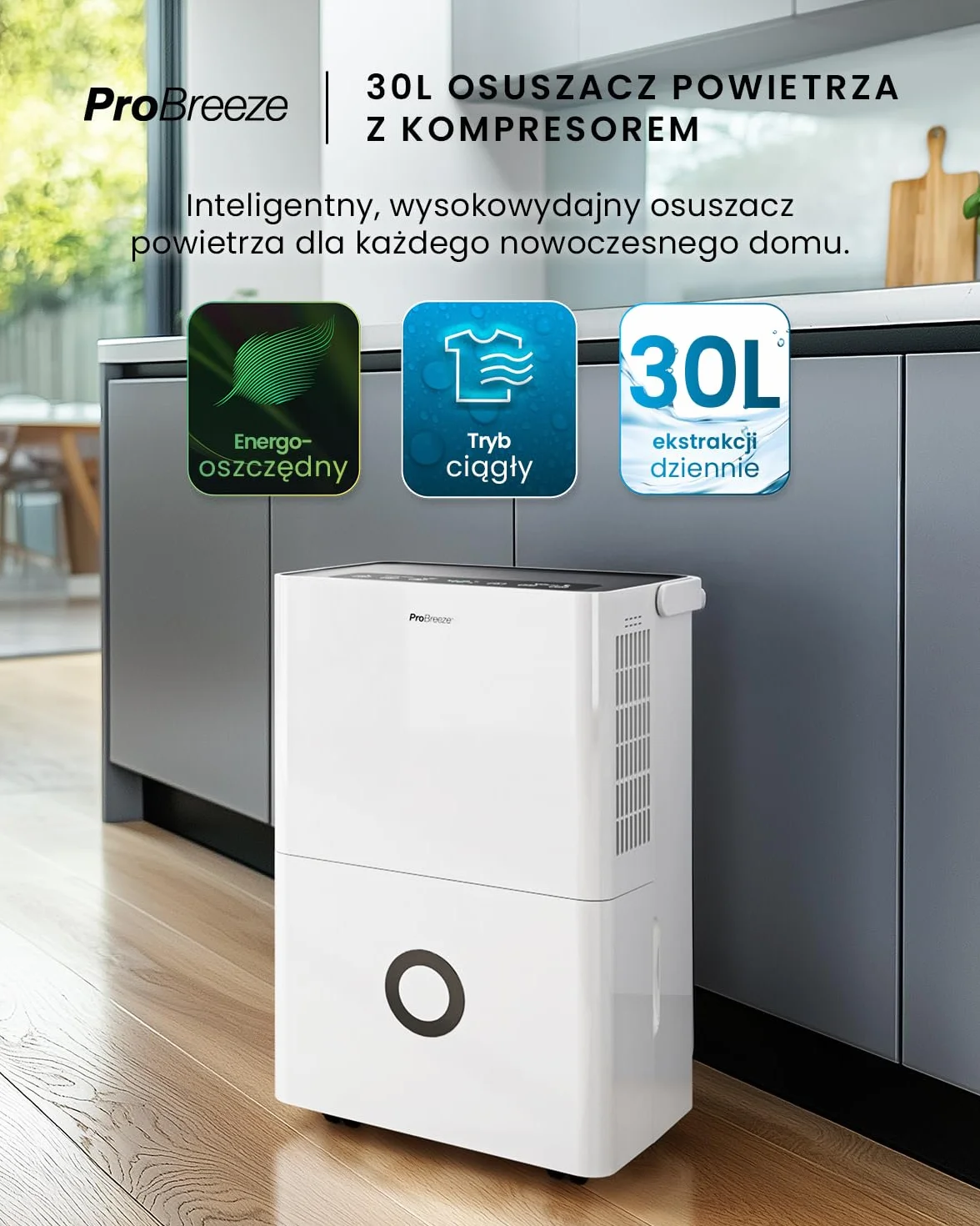 Pro Breeze Osuszacz powietrza 30 l w 24 h – wydajność osuszania, elektryczny z Wi-Fi, czujnik wilgotności, zbiornik 4 l, timer, wąż odpływowy, ochrona