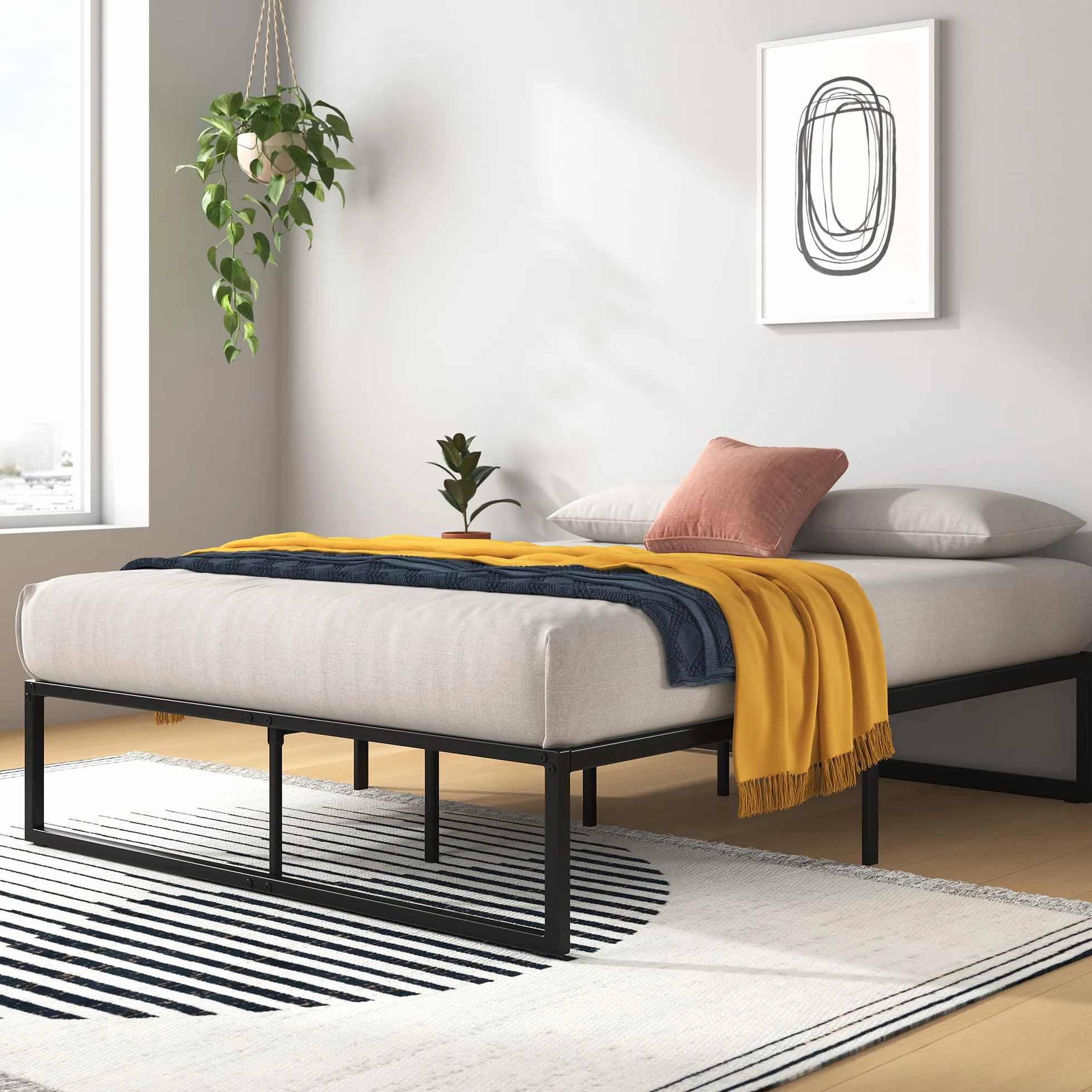 Zinus Łóżko Lorelai 135x190 cm - Wysokość 36 cm ze schowkiem pod łóżkiem - Metalowa rama łóżka platformy - biała