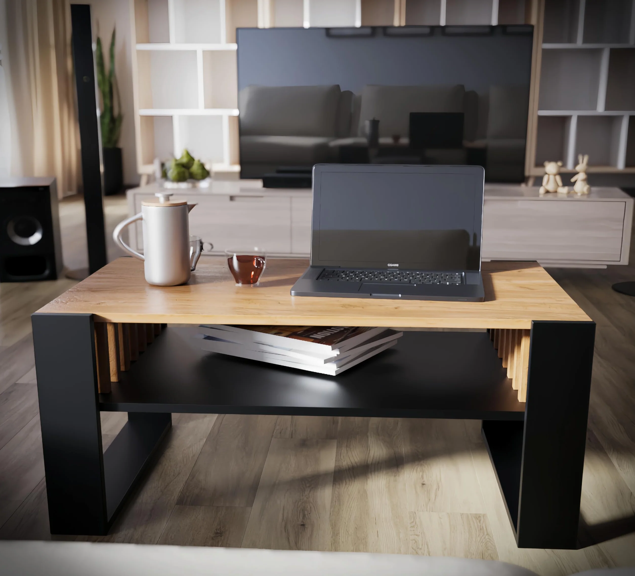 defiPad® Nowoczesny stolik kawowy z lammelami, szerokość 92 cm, duży stół do salonu, dąb | lity i stabilny | kolor czarny