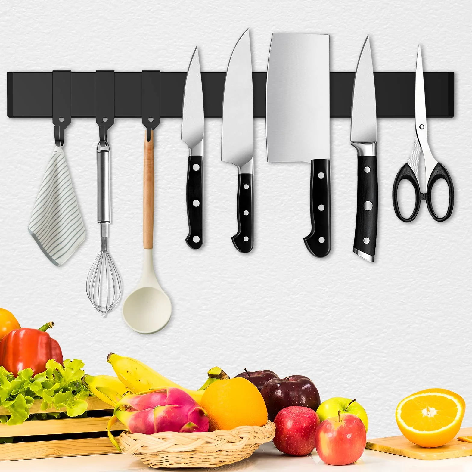 Cocolemon Listwa magnetyczna na noże 40 cm ze stali nierdzewnej z bardzo silnym magnesem, uchwyt na noże z 3 zdejmowanymi haczykami na noże, przybory kuchenne, narzędzia