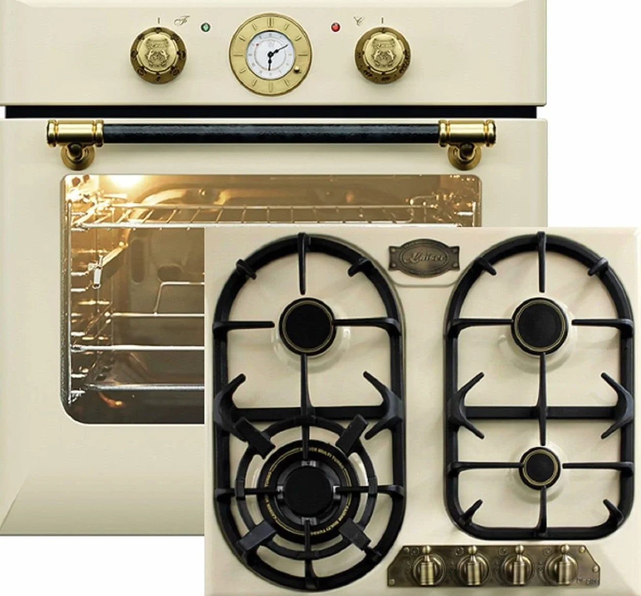 Kaiser Zestaw do piekarnika Autark EH 6432 ElfBE Eco+KG 6325 ElfEm, piekarnik elektryczny w stylu retro, obrotowy szpikulec, 10 funkcji + kuchenka gazowa do zabudowy w stylu retro, 60 cm, emaliowana