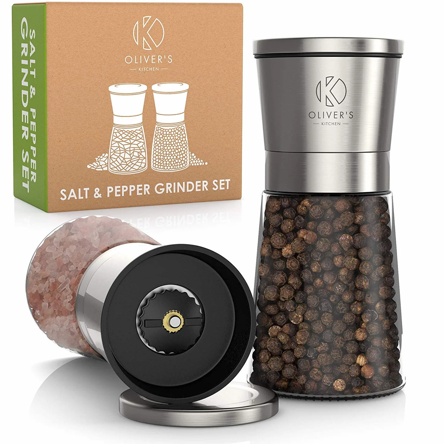 Oliver's Kitchen ® Szklany Młynek do Soli i Pieprzu - 2 Najwyższej Jakości Młynki w Zestawie - Nowoczesna Solniczka i Pieprzniczka z Młynkiem - Ręczny Młynek do Pieprzu i Soli z Regulacją Mielenia