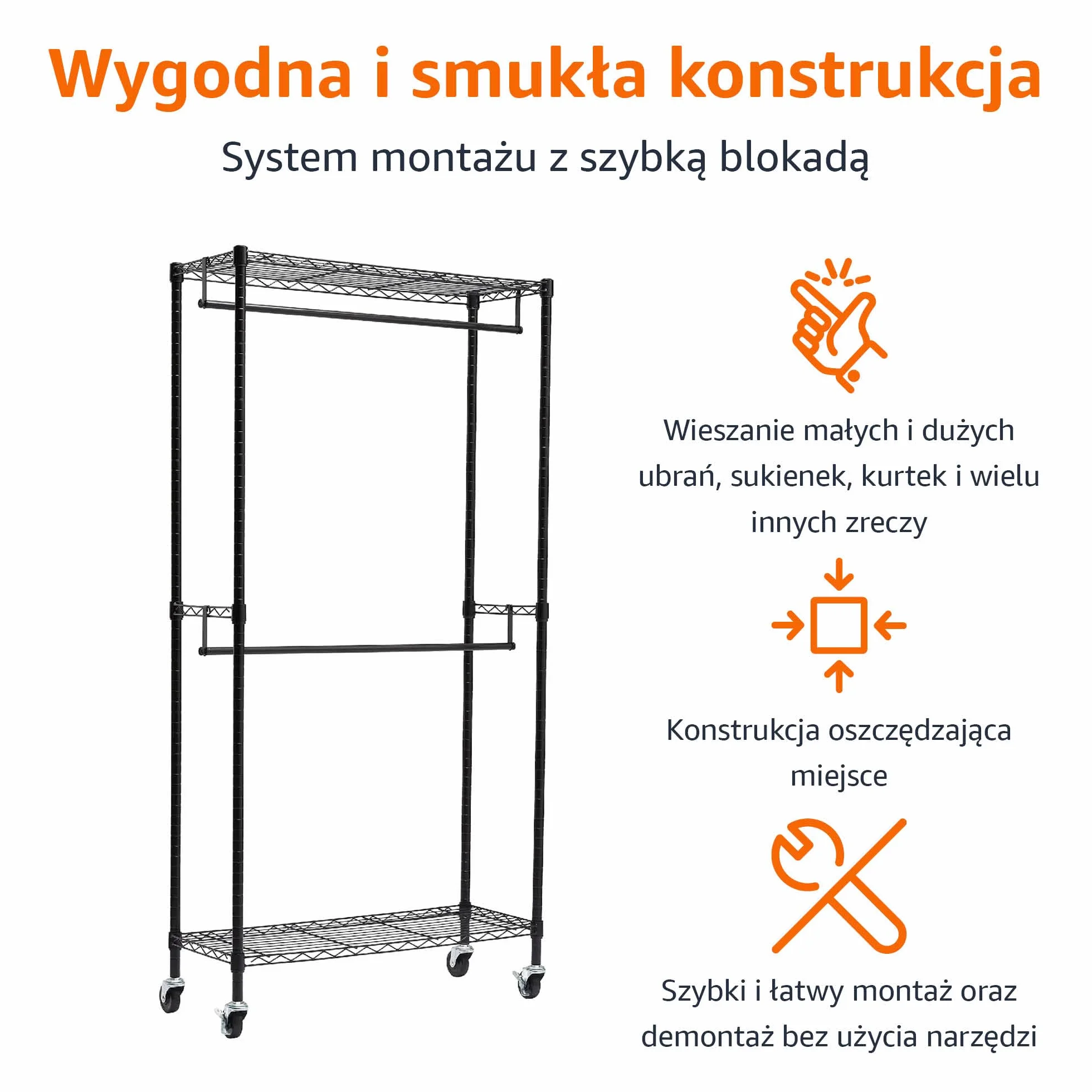 Amazon Basics Regulowany wieszak na ubrania z dwoma drążkami, stojak na kółkach, czarny 91x35,5x183 cm