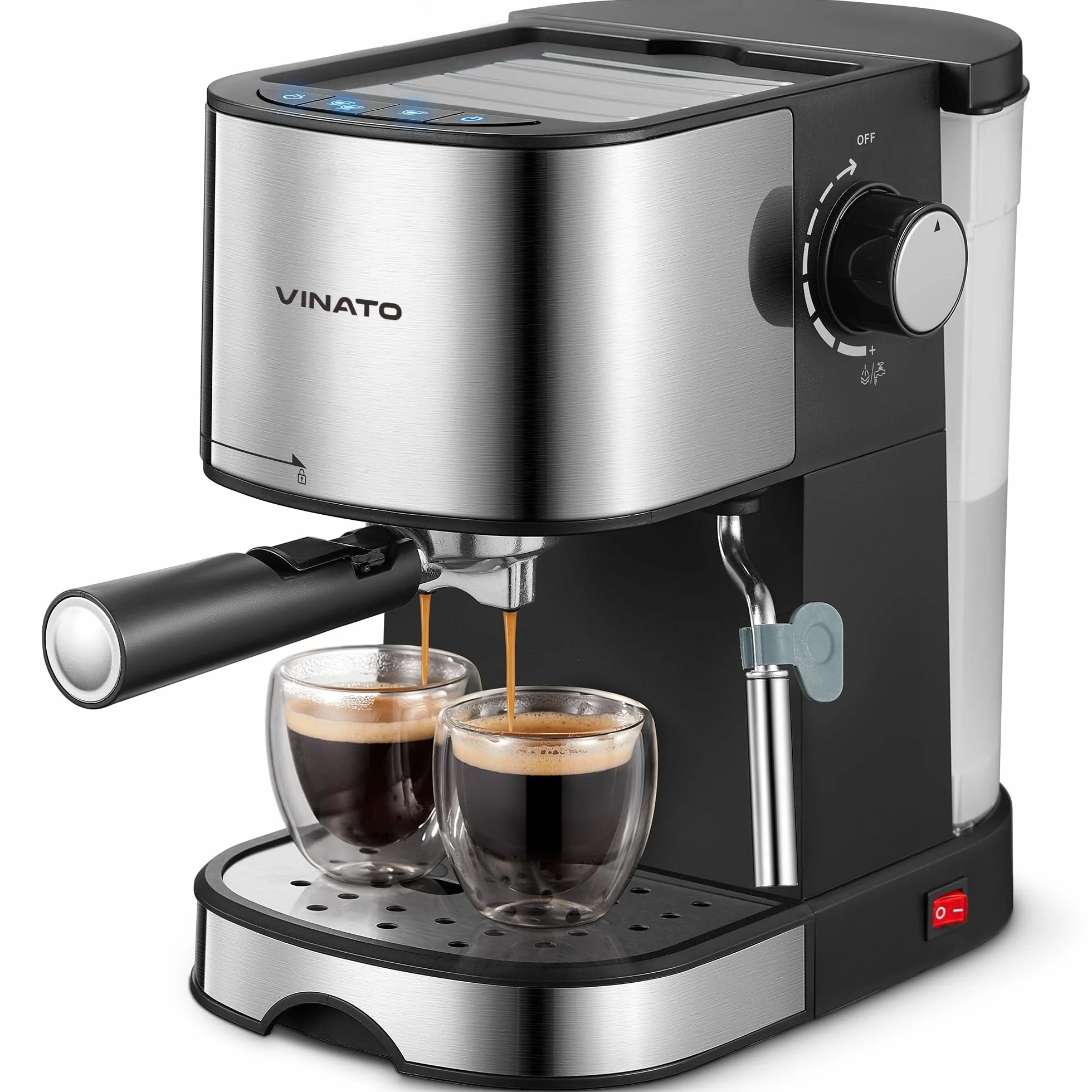 VINATO Ekspres do espresso, 15 bar, ekspres do espresso i cappuccino z funkcją szybkiego nagrzewania, ekspres do kawy z funkcją spieniania mleka i prętem parowym, podwójny uchwyt filtra wylotowego i 2