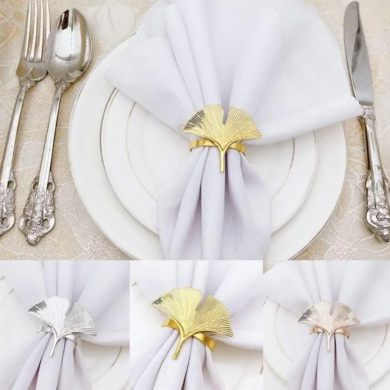 6pcs Ginkgo Leaves Napkin Rings Buckle Holders for Wedding Party Dinner Table Decoration Rose Gold