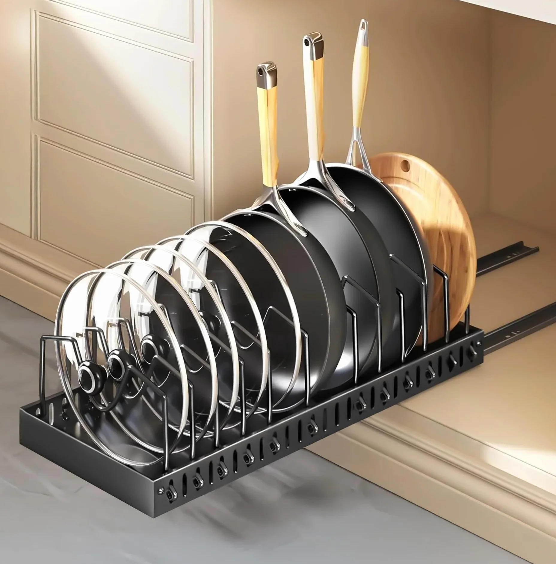 ZLPBAO Sliding Pot Lid Holder with 12 Adjustable Compartments, Space-Saving Pan Holder for Pans, Lids and Plates, Metal Stand, Kitchen Container