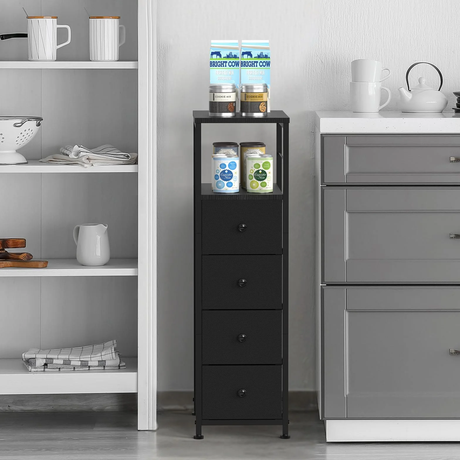 Komoda wąska szafka z 4 szufladami z materiału, szafa z szufladami, wieża do przechowywania, organizer do sypialni, salonu, kuchni, biura, korytarza, 87 x 40 x 25,4 cm, czarna