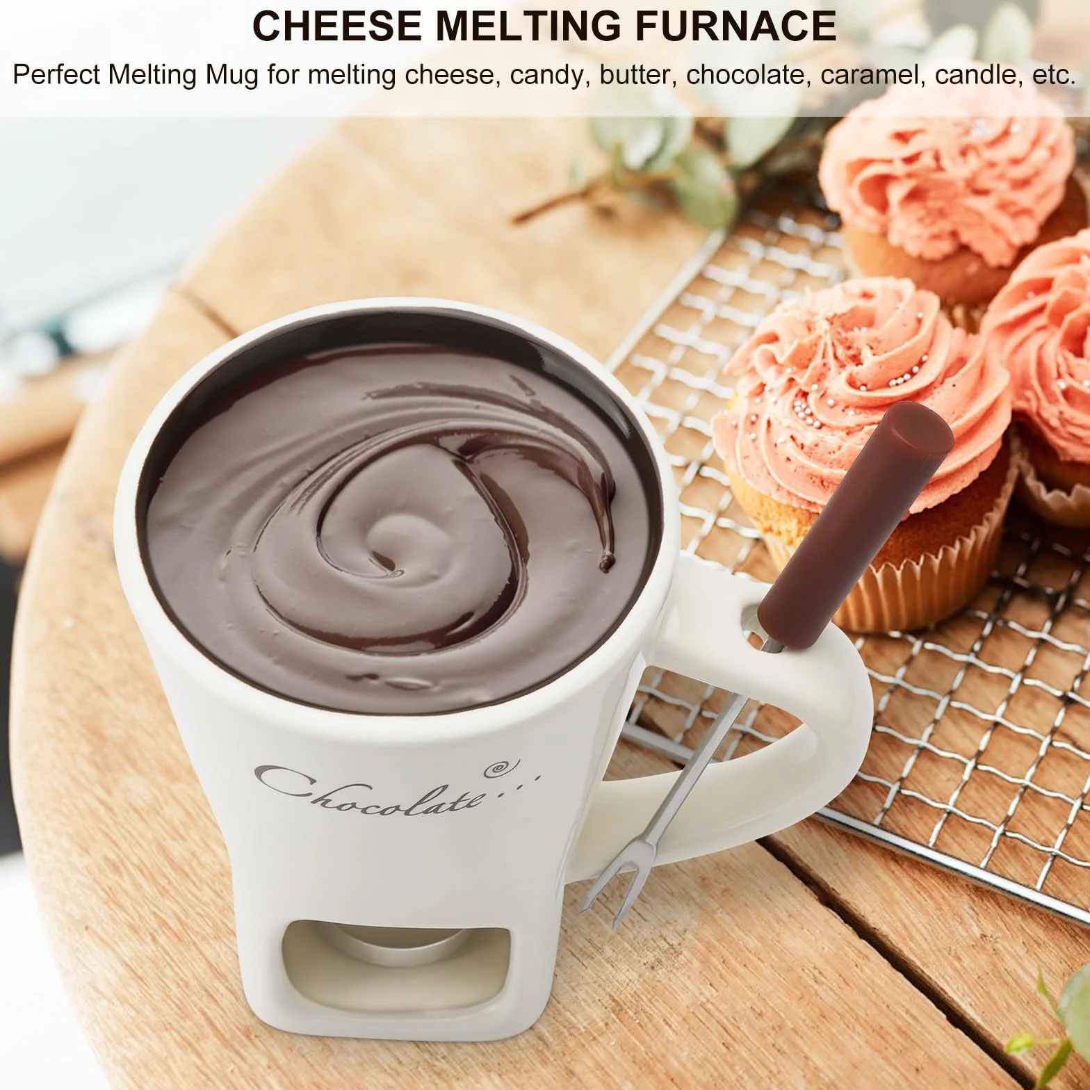 Filiżanka do fondue czekoladowego z widelcami, 200 ml, ceramiczny zestaw do czekoladowego fondue, kubek do topienia czekolady, zestaw do fondue z widelcem i podgrzewaczem, do sera, czekolady, masła