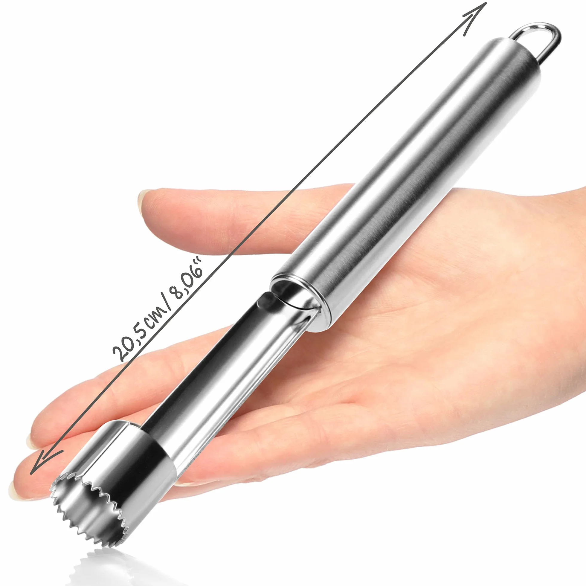 COM-FOUR® 2x zagryzarki do jablek wykonane ze stali nierdzewnej, praktyczny zagluszacz z petla do zawieszania, usuwa rdzen, do pieczonych jablek i nie tylko (002 sztuk - ogryzek do jablek - srebrny)