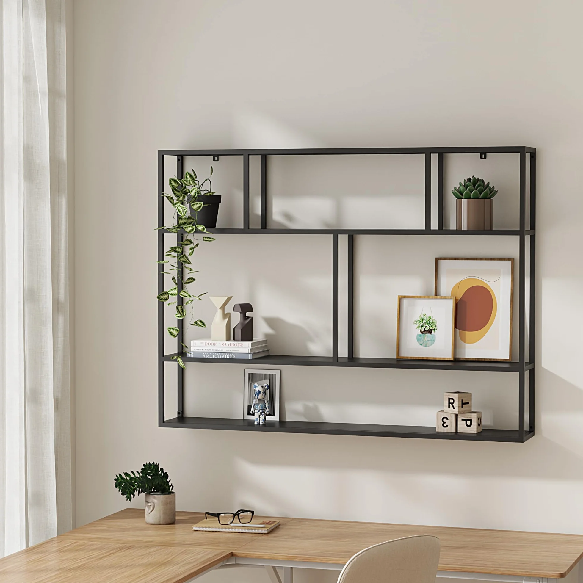 [en.casa] Regał ścienny Jämijärvi, montaż ścienny, regał na książki z 6 półkami, regał wiszący, 90 x 120 x 18 cm, regał pływający, stalowy, czarny