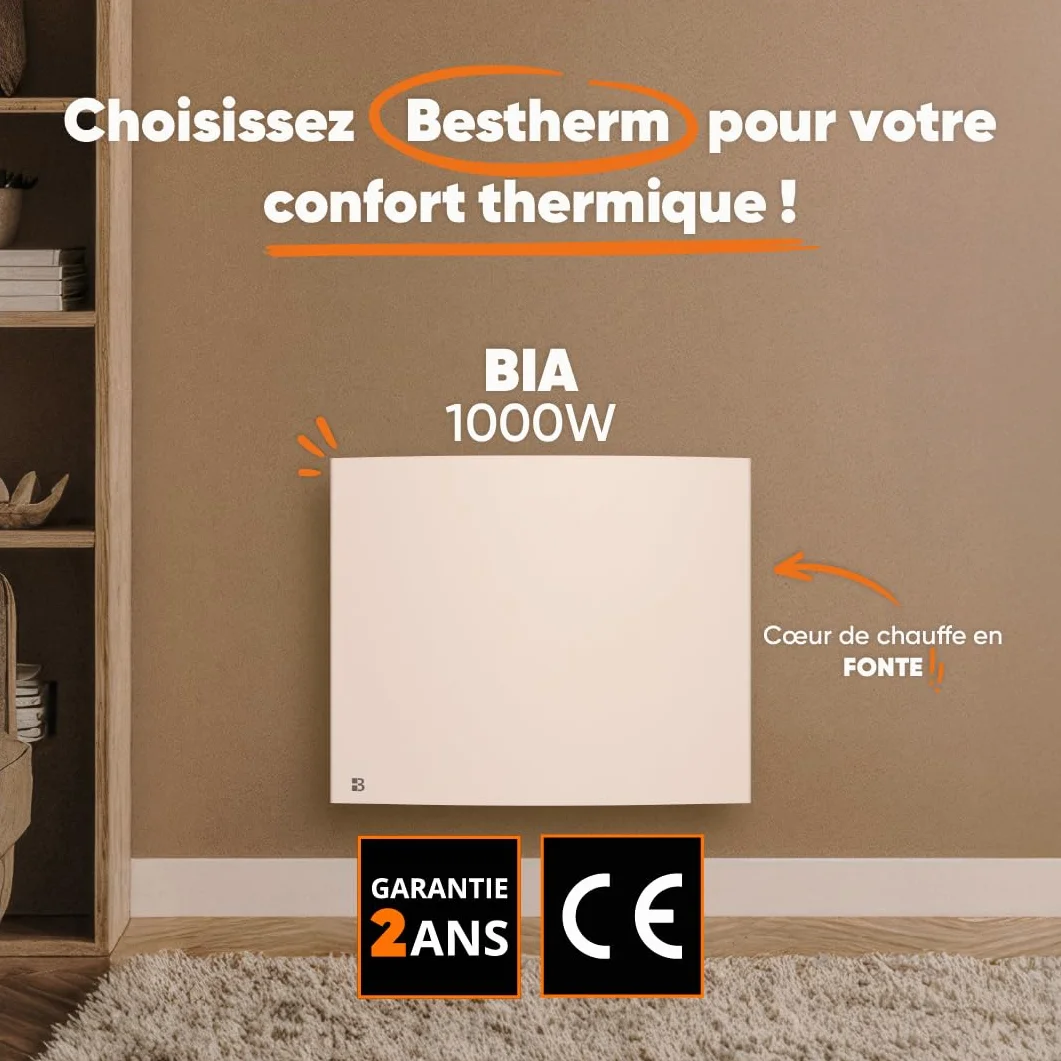 BESTHERM - Grzejnik elektryczny z suchym bezwładnościowym żeliwem 1000W Bestherm BIA poziomy biały