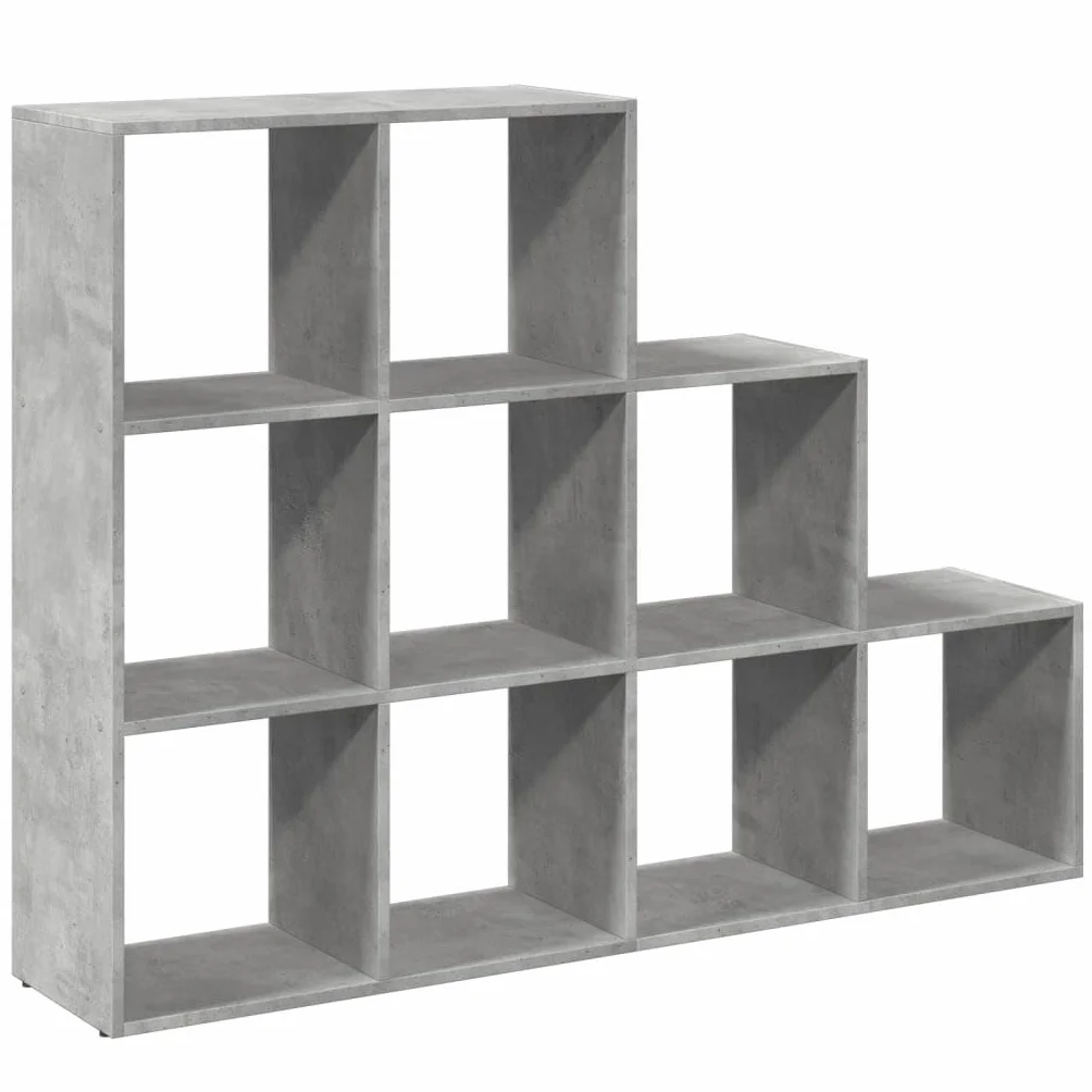 Regał na książki 3 stopnie szary betonowy 137,5 x 29 x 103,5 cm | 9 przegródek na kostkę, materiał drewnopochodny, łatwy w pielęgnacji, może służyć jako ścianka działowa
