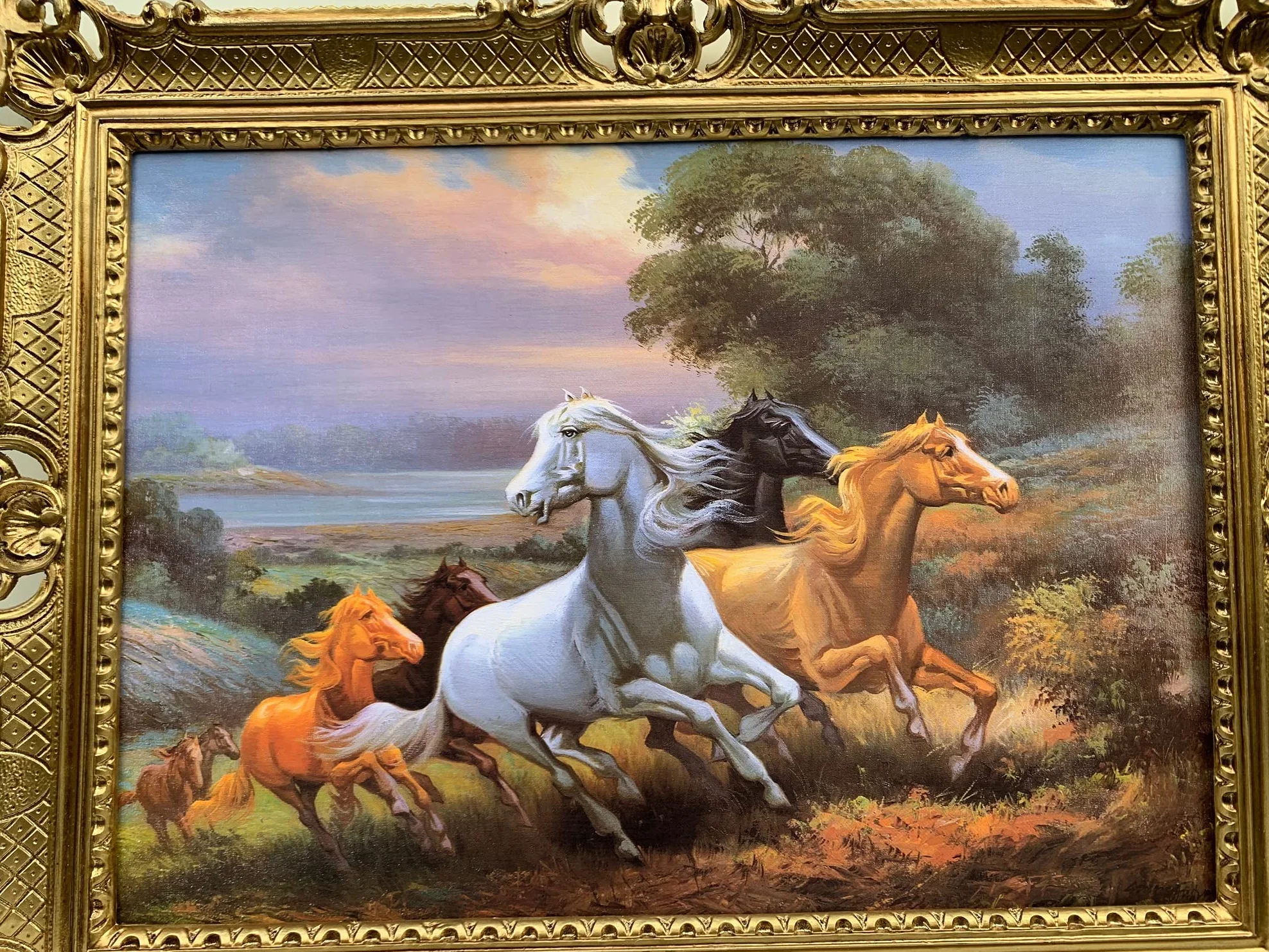 artissimo Obraz konie dzikie konie w krajobrazach barokowa rama 90 x 70 obraz z ramą obraz do salonu oprawiony obraz antyczny obraz ścienny