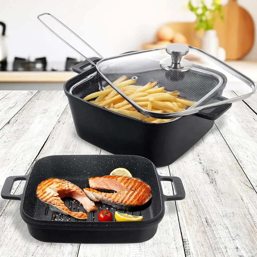 Orion Grande 4-częściowy zestaw garnków granitowych ze szklaną pokrywką, patelnią do grillowania i koszem do smażenia, garnek do gotowania 4,5 l i patelnia 2 l, indukcja i piekarnik, powłoka