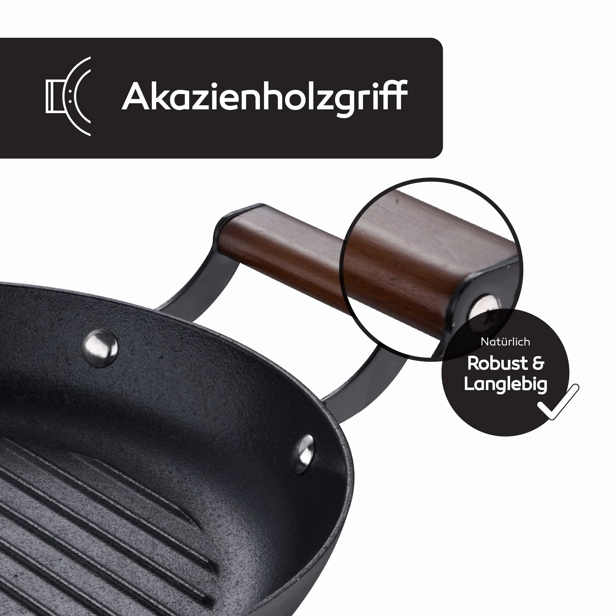 Masterpro Odin 28 cm okrągły grill, nieprzywierający, ergonomiczne uchwyty z drewna akacjowego, idealny do gotowania na grillu, kompatybilny z indukcją i piekarnikiem, bez toksycznych produktów