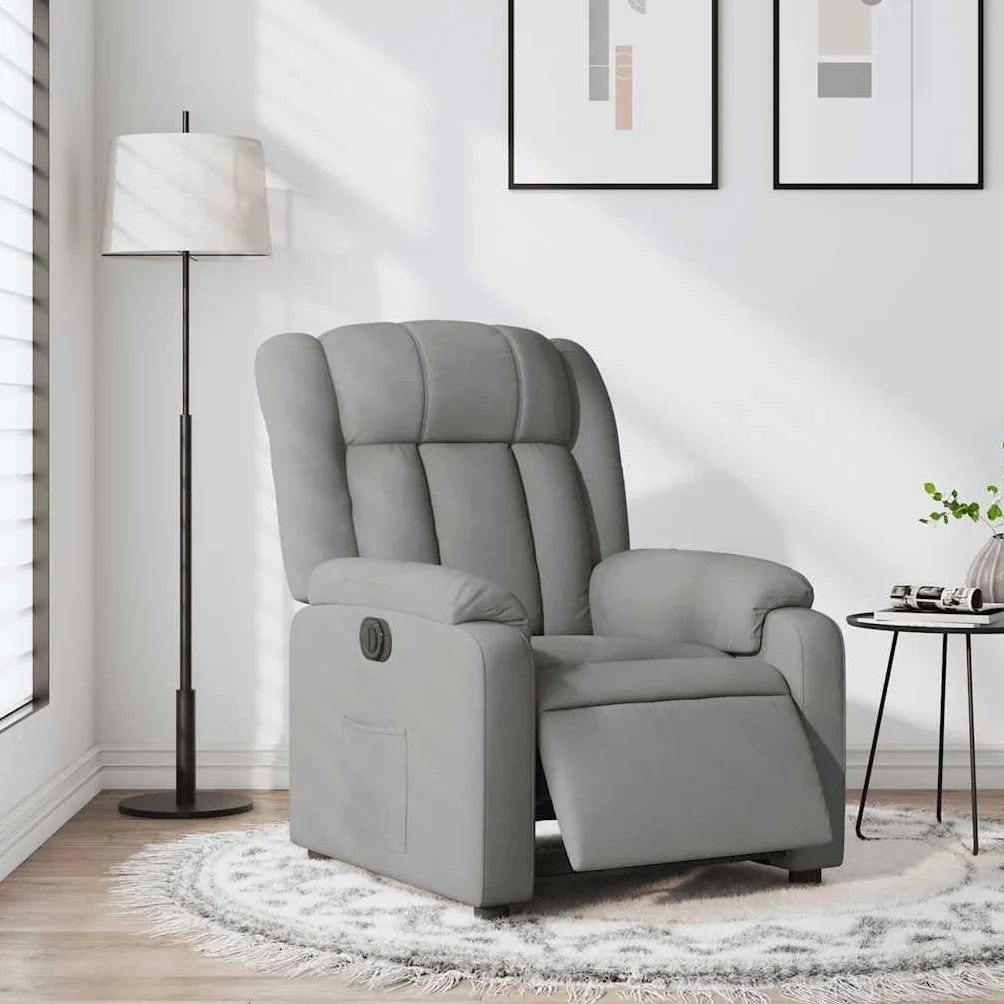 Fotel relaksacyjny, elektryczny, jasnoszary, materiał z funkcją leżenia, regulowany, wygodne siedzisko z podłokietnikami, metalowa i drewniana rama, ergonomiczny do salonu, kącika do czytania