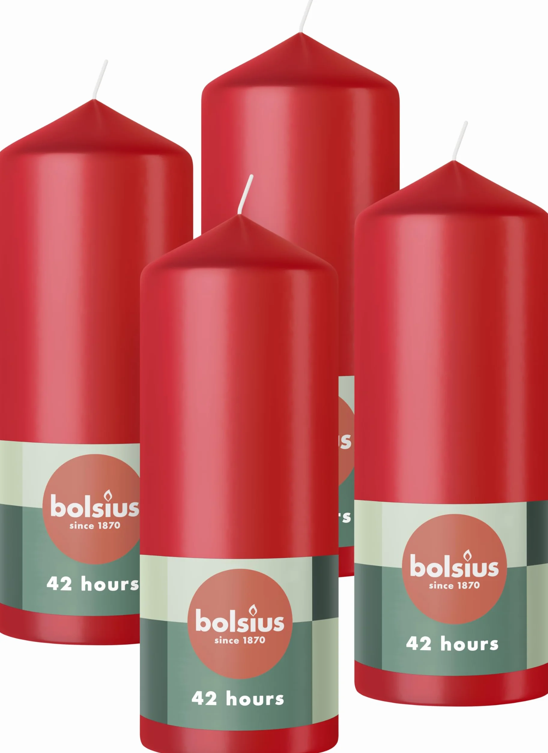Bolsius Gładkie świece pieńkowe – czerwone – 4 sztuki – 15 x 6 cm – dekoracyjne świece domowe – długość palenia 42 godziny – bezzapachowe – zawierają naturalny wosk roślinny – bez oleju palmowego