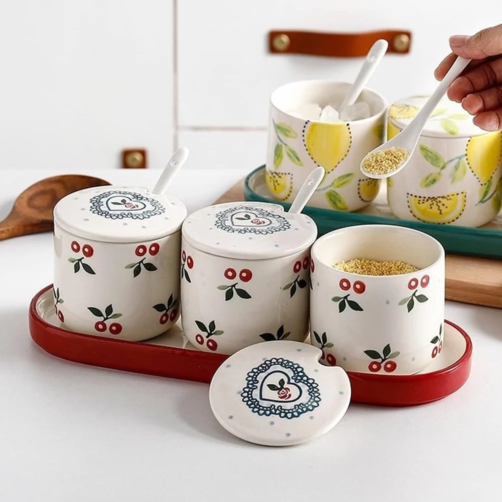 CMBSSTFC Słoiki na przyprawy, pojemnik na sól do kuchni, zestaw ceramicznych misek na cukier Kuchenne słoiczki na przyprawy Pojemnik na cukier Sól cukrowa Przyprawy Przyprawy Słoiki na przyprawy